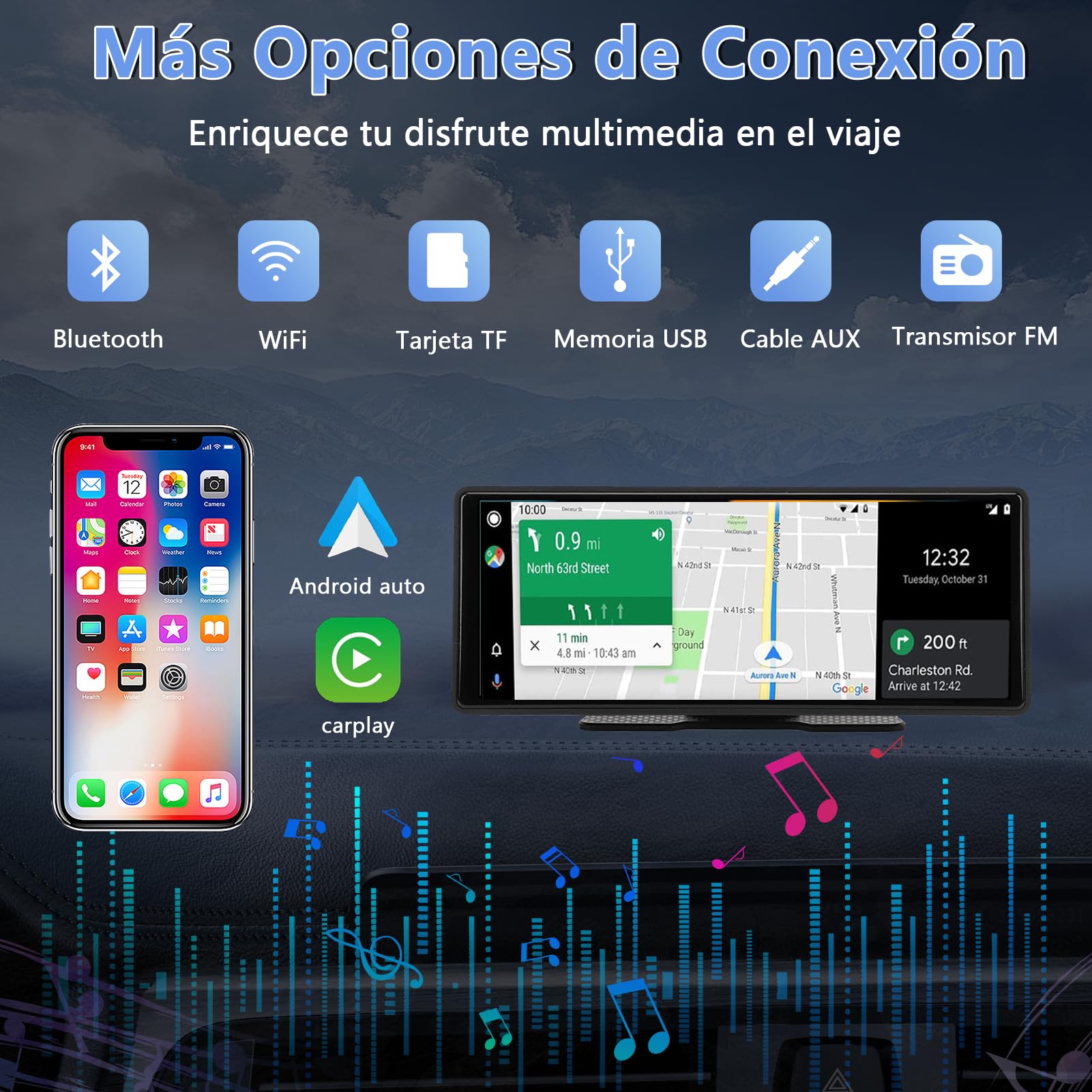 Pantalla Táctil Coche 10.26 Pulgadas, Navegación GPS, Estéreo para Automóvil Compatible con CarPlay, Android Auto, Bluetooth, Control por Voz, GPS, AUX y FM