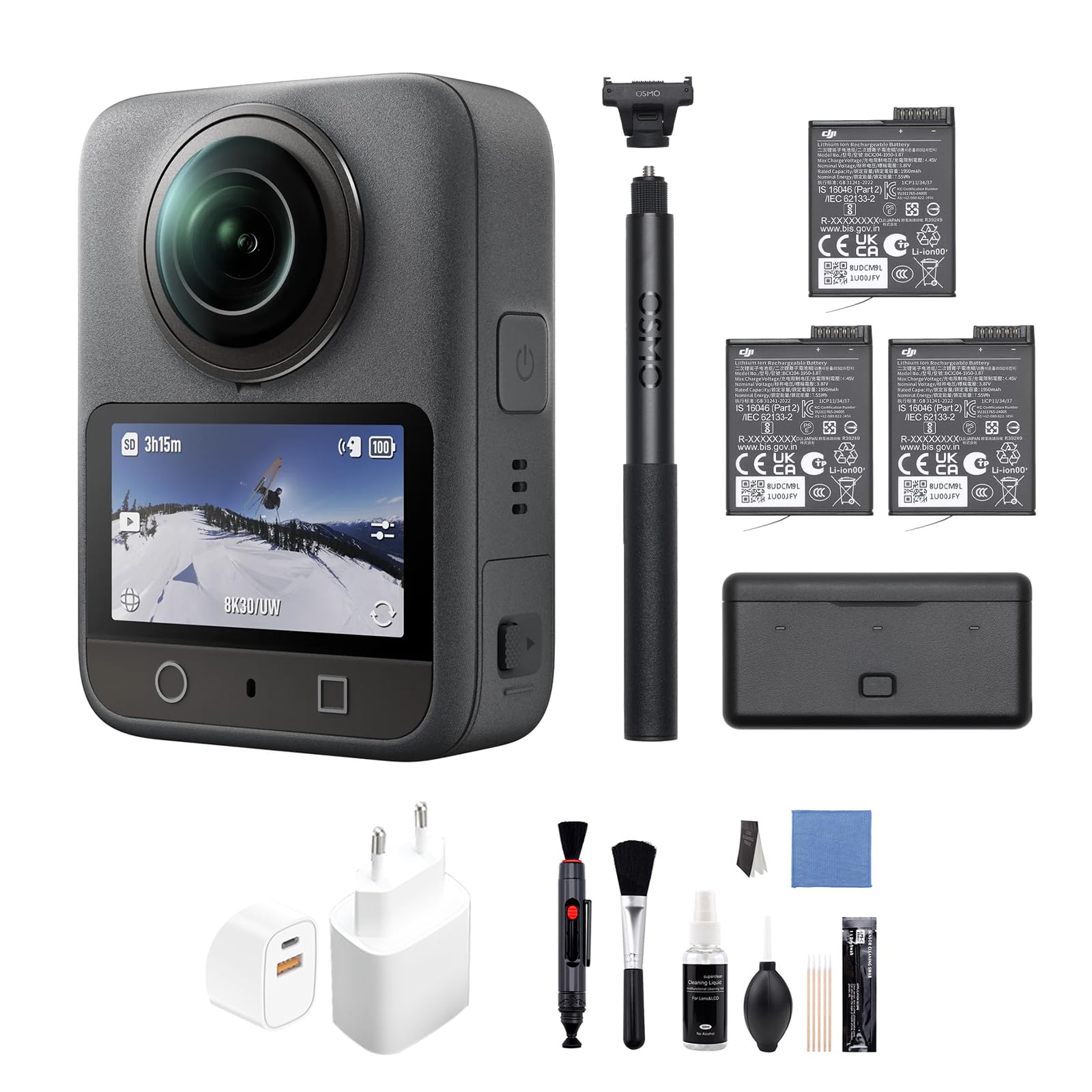 DJI Pack Aventura Osmo 360 Bundle, cámara 360 con Imagen 360° de 1 Pulgada, Vida útil de batería extendida con 3 baterías, Video 360° en 8K Nativo, cámara de acción para Deportes, vlog
