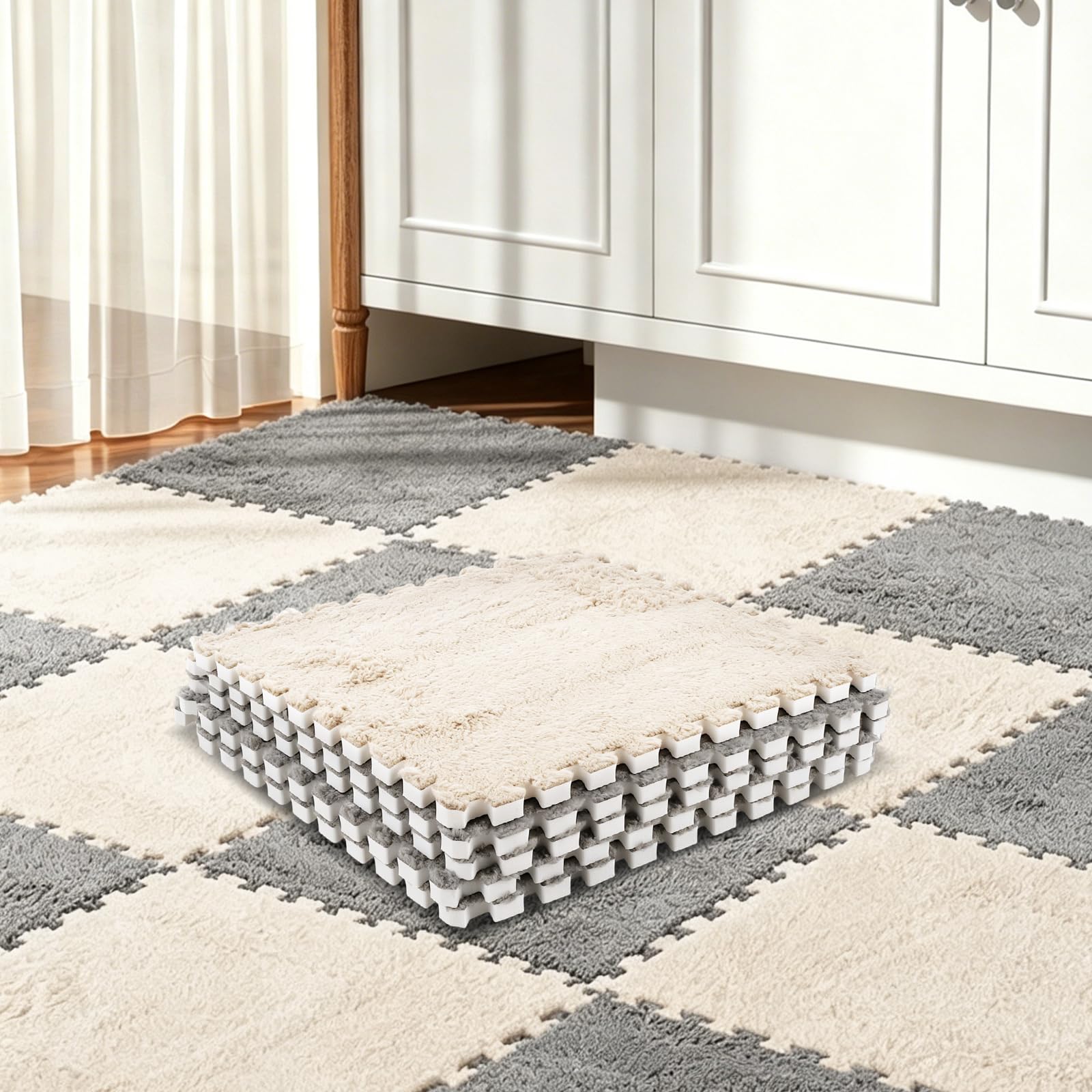 Oungy 20Pcs Plush Crawling Mat, 30x30cm Carpet Puzzle Floor Tiles, EVA Foam Plush Interlocking Carpet Tiles, Non-Slip Puzzle Carpet Fluffy Floor Tile for Bedroom, Living Room - Grey + Khaki