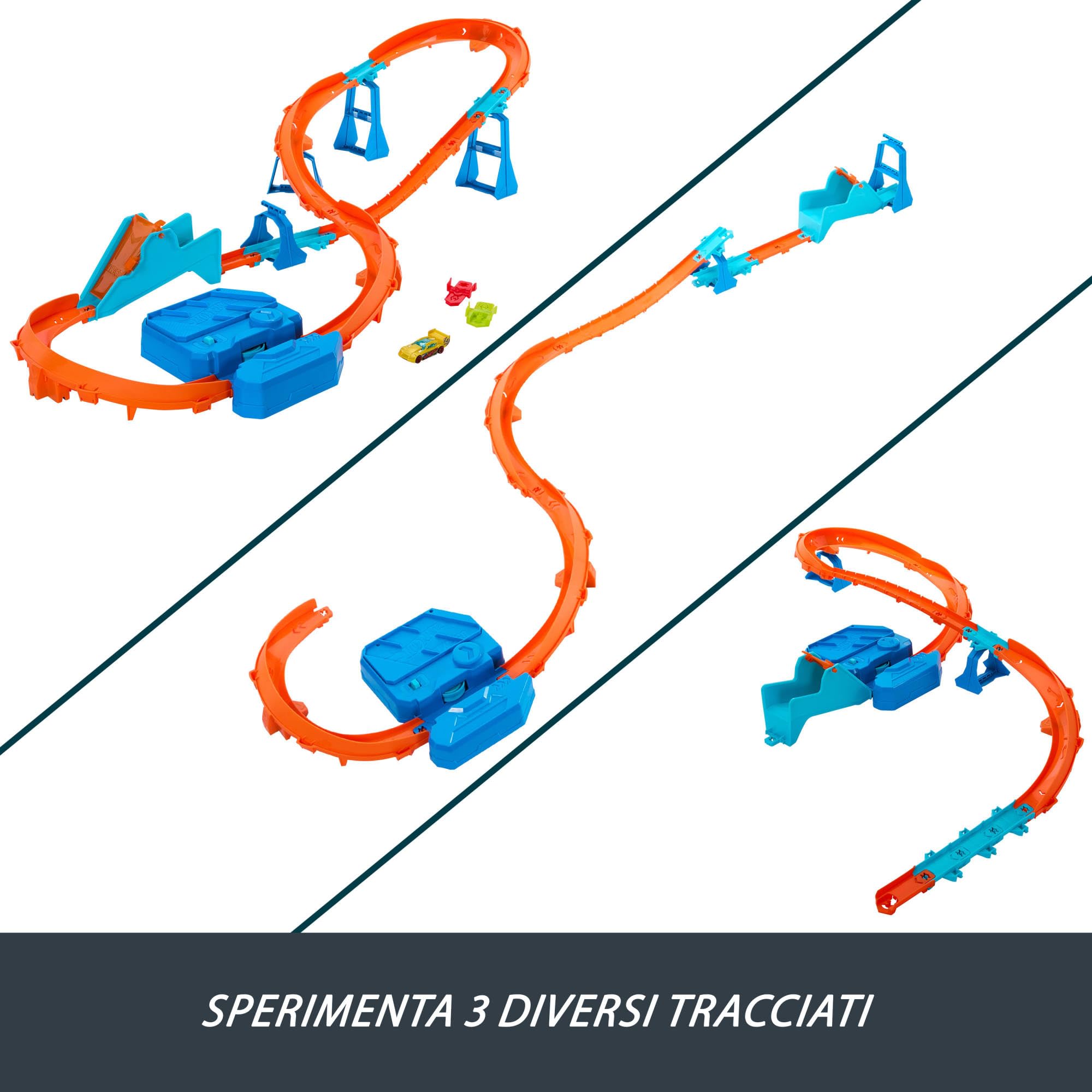 Hot Wheels - Boosted Jump Speedway, set pista con box deluxe da costruire e booster motorizzato, macchinina in scala 1:64 inclusa, giocattolo per bambini, 5+ anni, JDB49