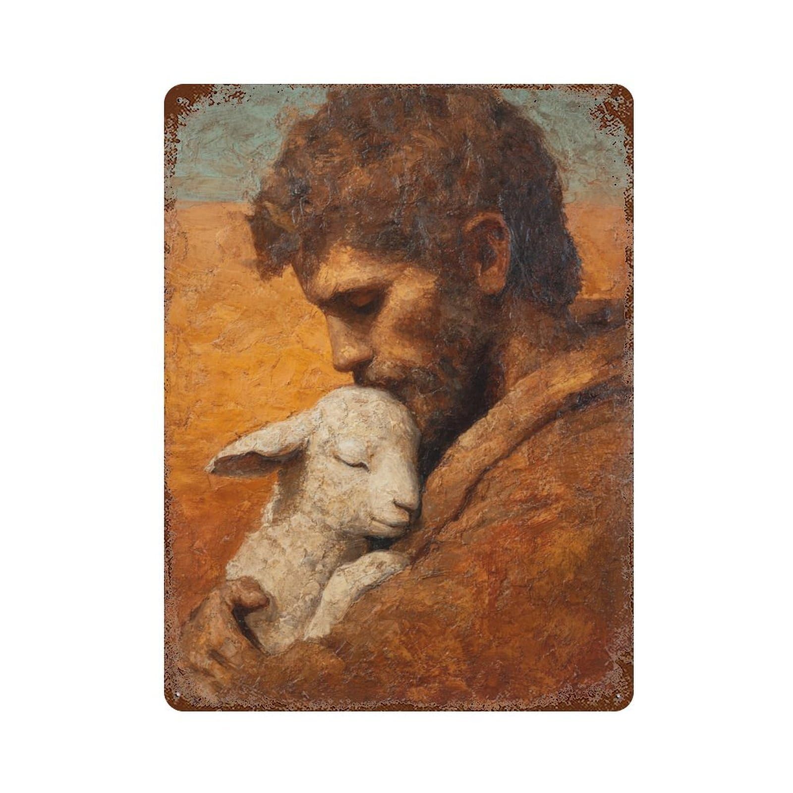 Man Holding Lamb Painting Rust Effect Tin Sign 15.7"x11.8", Farmhouse Wall Decor for Bistro, Counter And Cafe Decor