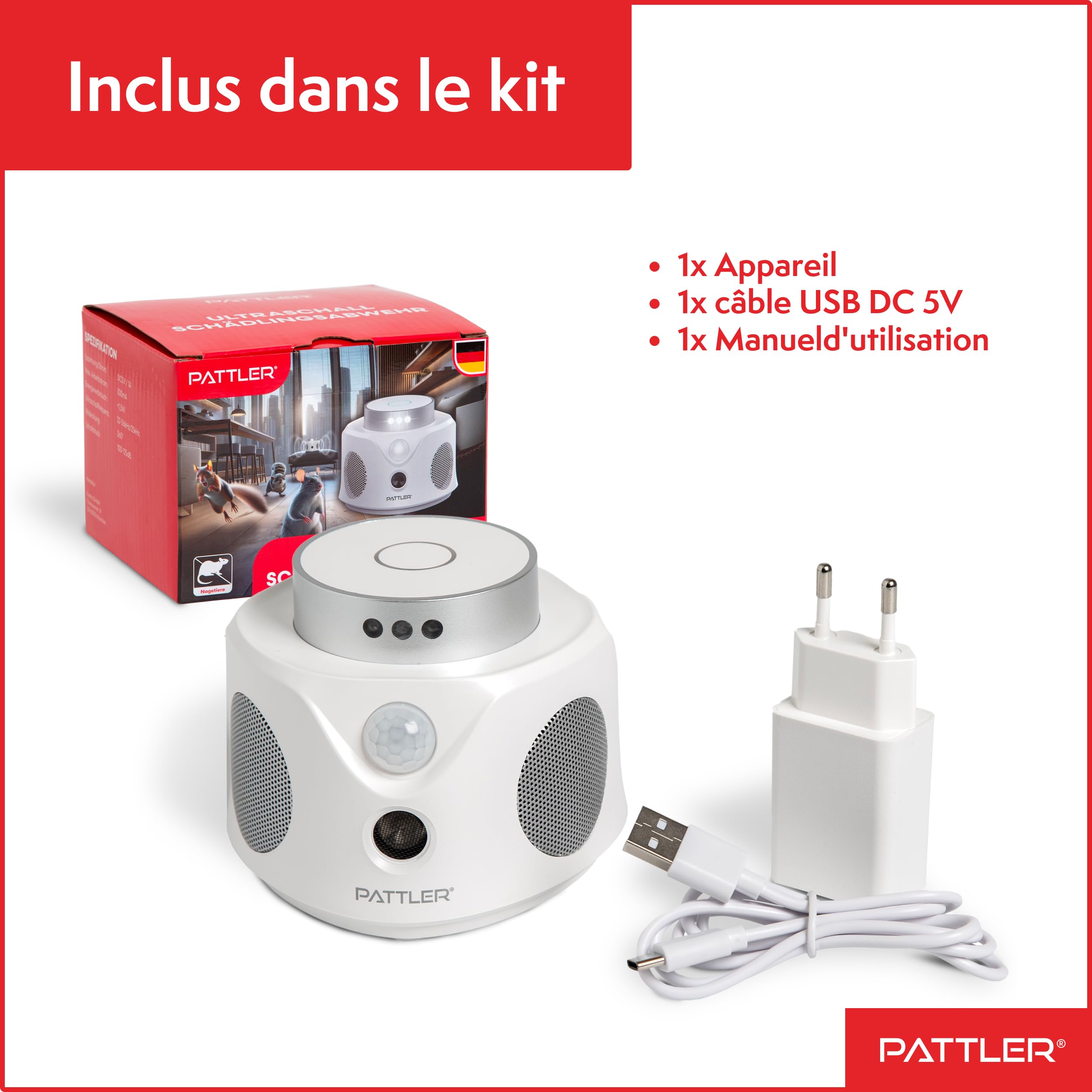 PATTLER® - Répulsif pour Souris à ultrasons 360° - Repousse efficacement Les Souris avec des Ondes ultrasonores - 2 pièces
