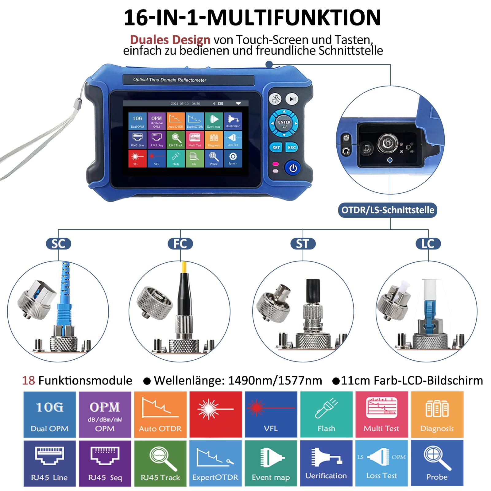 16-in-1 OTDR Optical Fiber Tester 1310/1550nm, 11cm Touchscreen und Event Map OLT (Optical Loss Test), Fiber Tester Built-in VFL OPM LS/OLS/RJ45, Funktionen RJ45 Kabel Tester Network Tools