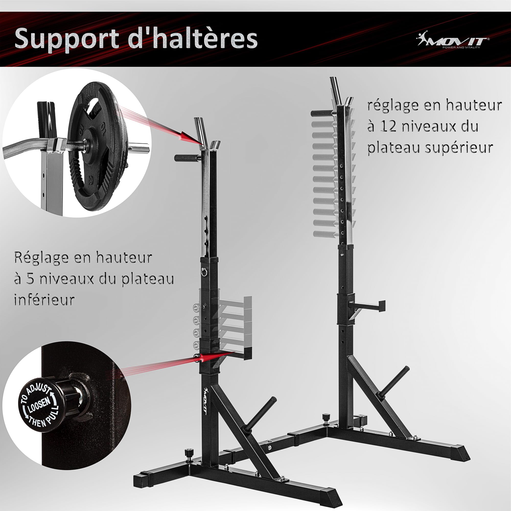 MOVIT Squat Rack Basic avec Station Dip, Hauteur et Largeur réglables, Support pour haltères Support pour haltères Appareil d'entraînement à Domicile Home-Gym, Blanc ou Noir