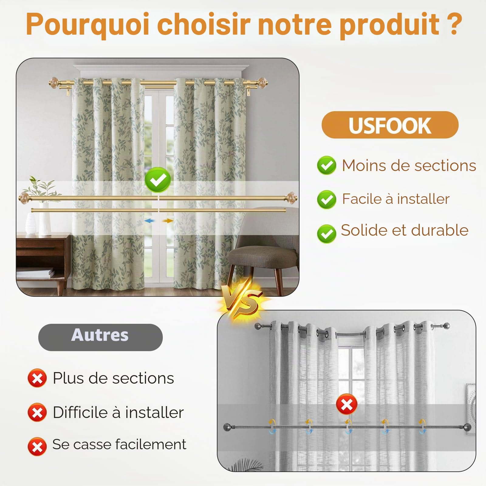 USFOOK Tringle à rideaux double télescopique de 2,5 cm à 1,8 m – Tringle à rideaux double télescopique avec embouts translucides de luxe – Doré
