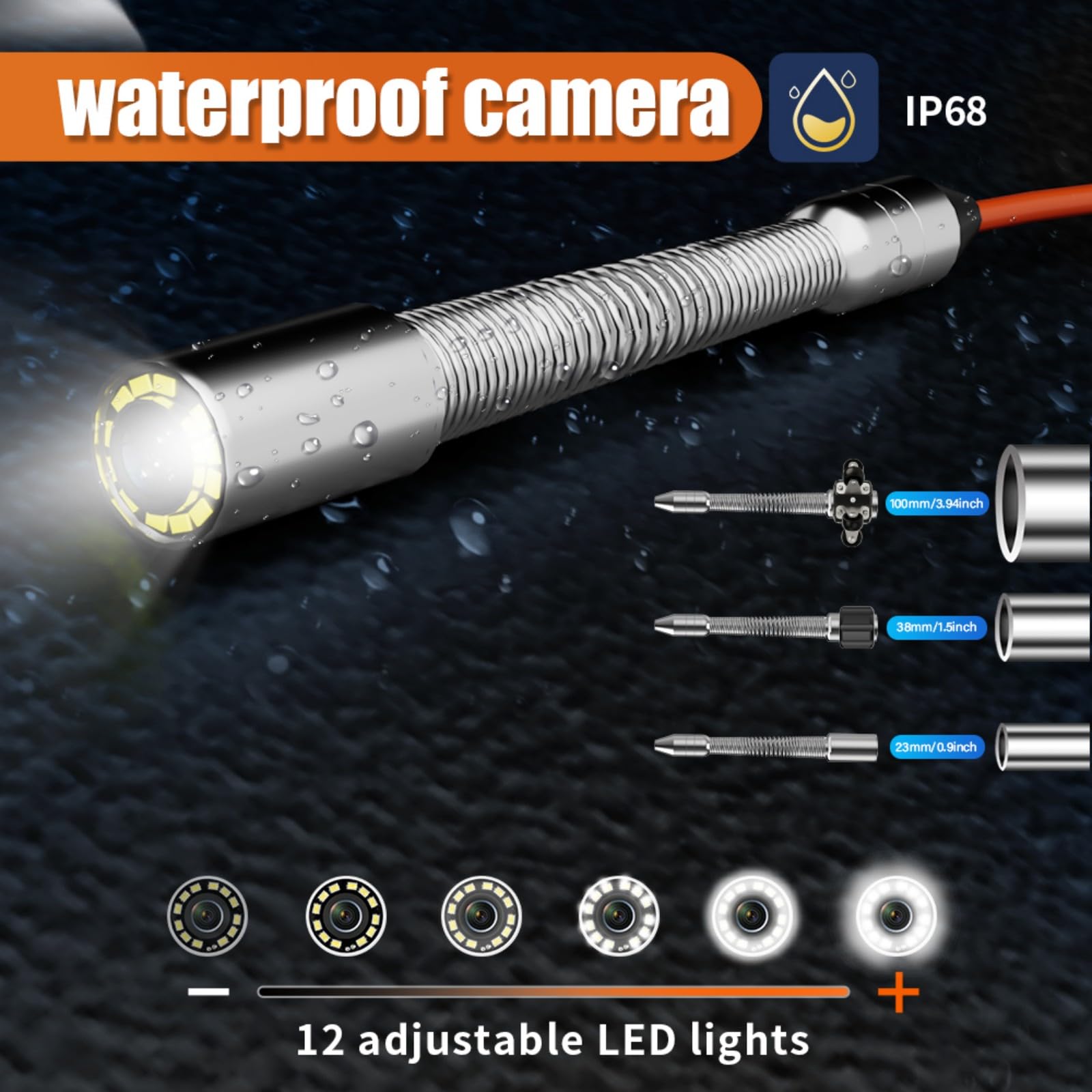 7"AHD Display Detector De Drenajes,1080P HD Borescope,Cámara De Tuberías,Cable Con Marcas Métricas,Sonda 23mm,12 Lámparas LED Blancas,Tarjeta 32G Incluida,Inspección Conductos Ingenie(Size:20 M/65 FT)