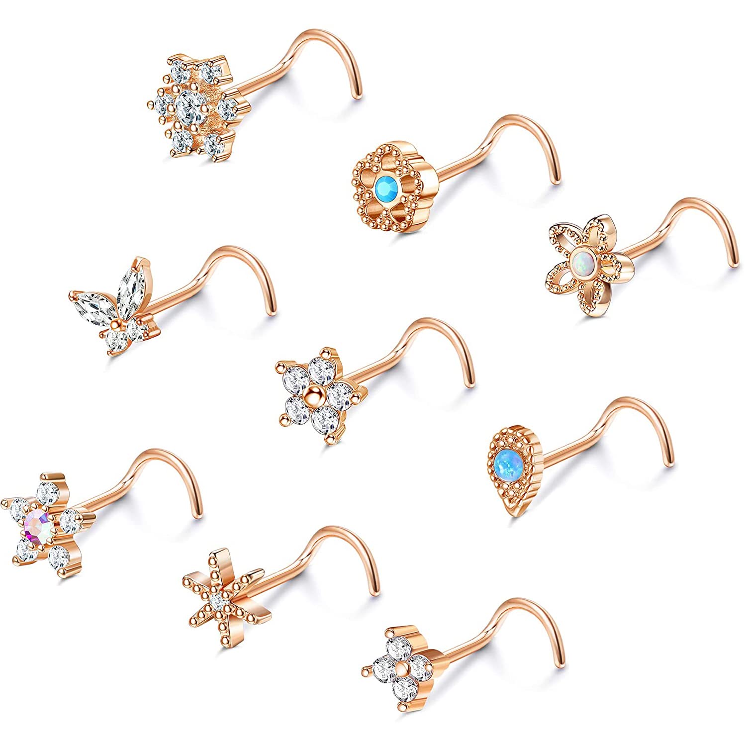 20G Nose Stud 316L Surgical Steel, Silver Rosegold Cubic Zirconia Opal Flower Butterfly Snowflake Nose Stud L Shape Corkscrew Bone Nose Ring Studs Nostril Piercing Kit Jewellery, 9Pcs