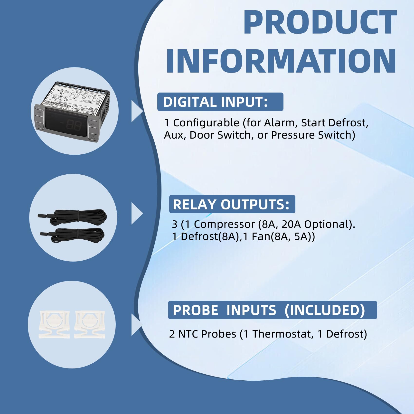 pour Dixell XR06CX-4N1F1 Contrôleurs de température, thermostat numérique programmable avec sonde de capteur pour réfrigérateurs/congélateurs commerciaux 120 V 50-60 Hz (matériel de montage inclus)