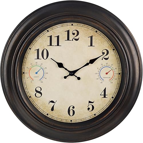 Reloj grande de 18 pulgadas para exteriores con termómetro e higrómetro, retro, impermeable, para interiores y exteriores, para patio, piscina,