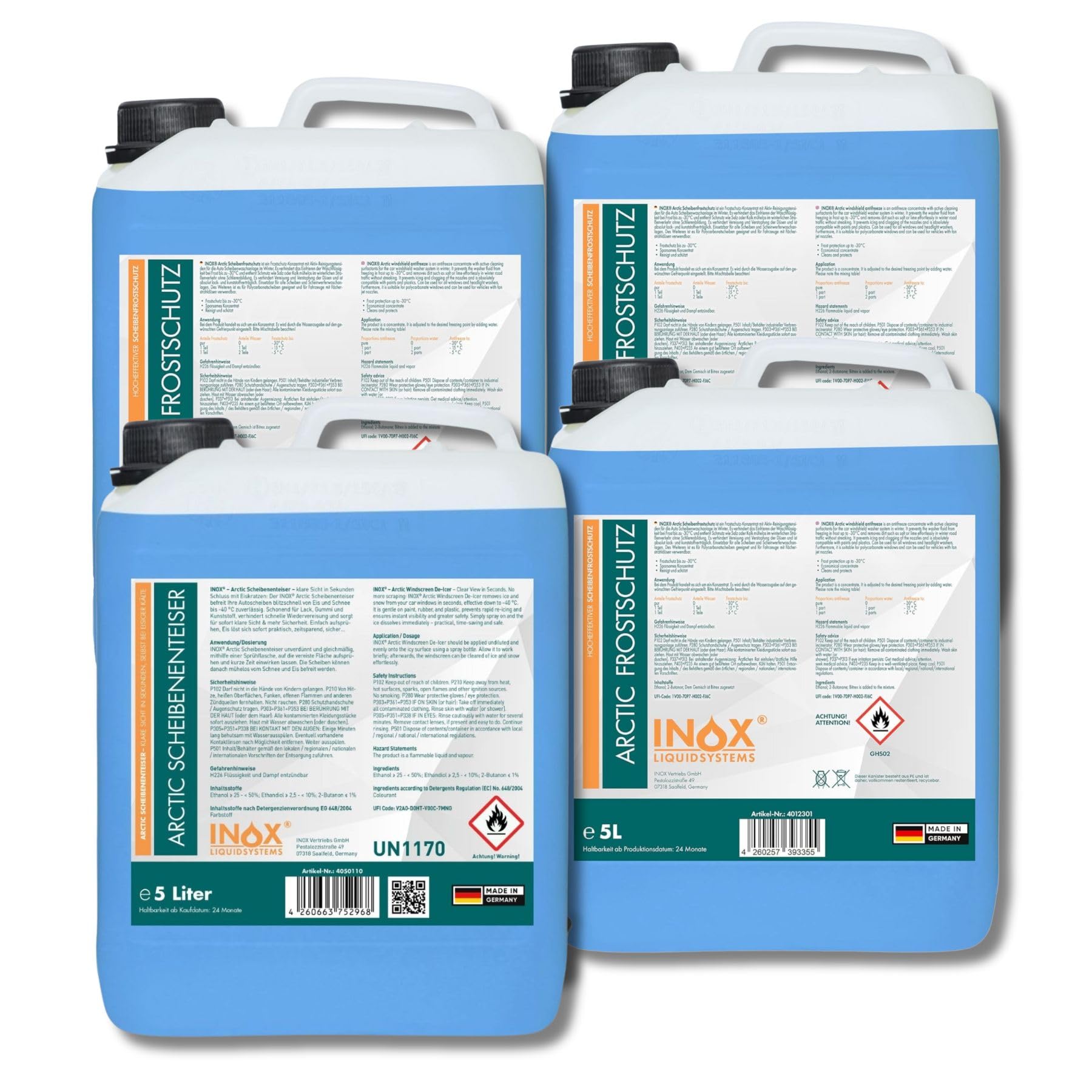 INOX® 3 x 5L Arctic Scheibenfrostschutz Konzentrat bis -30° + 5L Scheibenenteiser - Auto Frostschutzmittel Scheibenwaschanlage - Scheibenwischwasser schlierenfrei