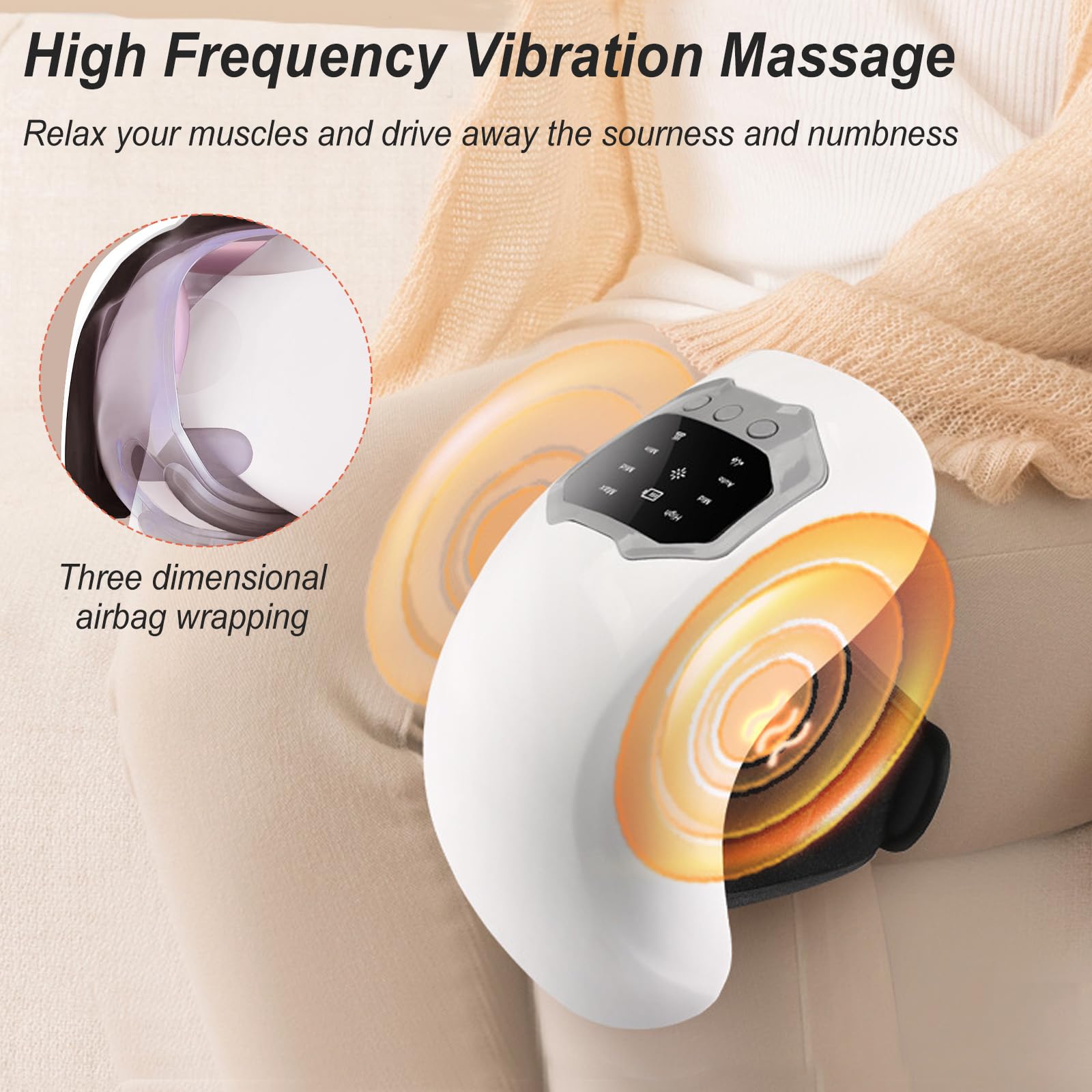 Dispositivo de masaje inalámbrico de rodilla, recargable, con calefacción de luz roja, bandas de rodilla de 48 cm de largo, pantalla LED, masajeador inalámbrico para rodillas relajadas