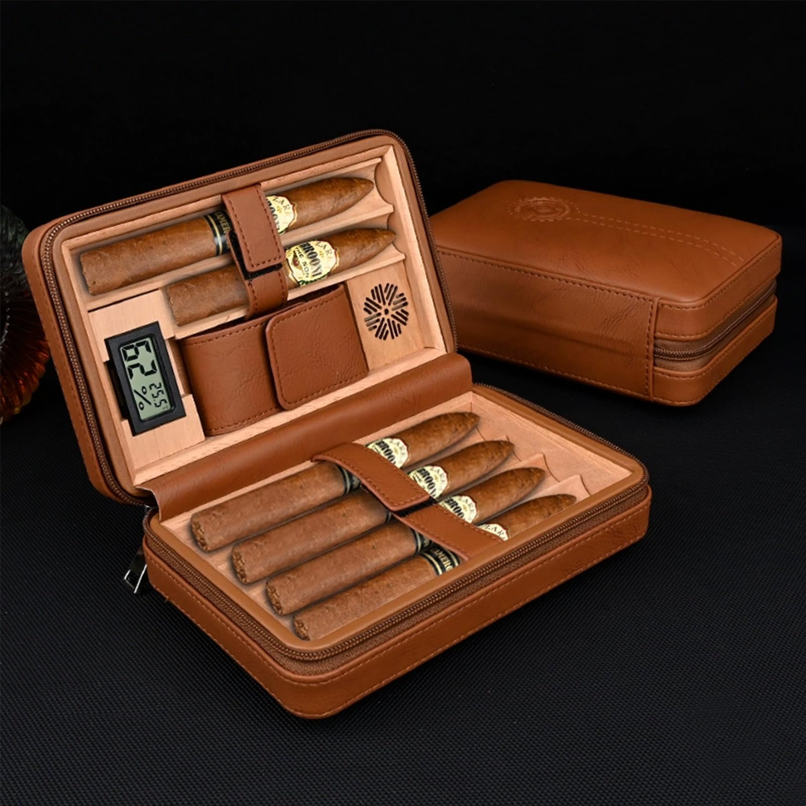 Leather Humidor Zigarren für 6 Zigarren mit elektronischem Hygrometer und Befeuchter (Braun)