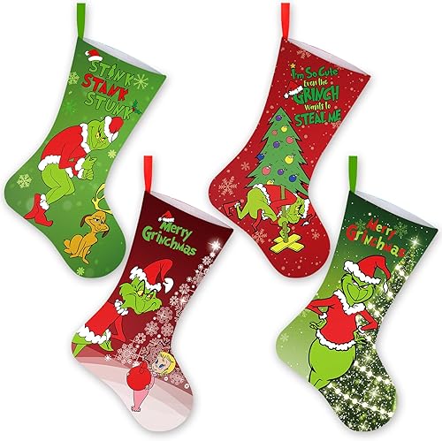 Miniatura 9 de Yanleen Paquete de 4 medias de Navidad de Grinchs, 20 pulgadas, kit de calcetines de Navidad grandes para Grinchs, decoraciones de Navidad, adornos