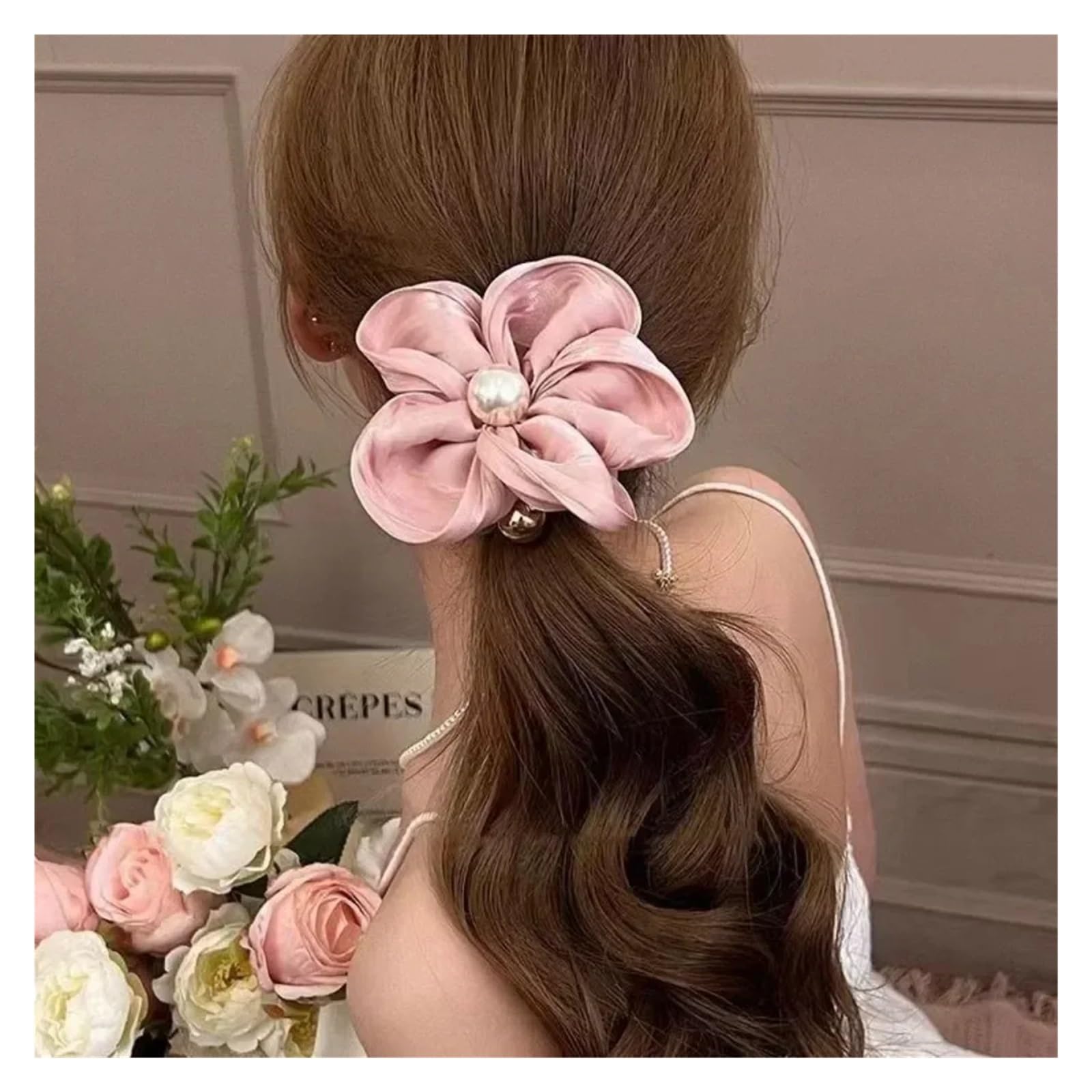 Coleteros Pelo Mujer 4 piezas elegantes de cuerdas for el cabello con flores perla, coleteros elásticos organza, accesorios for, tocados(Orange)