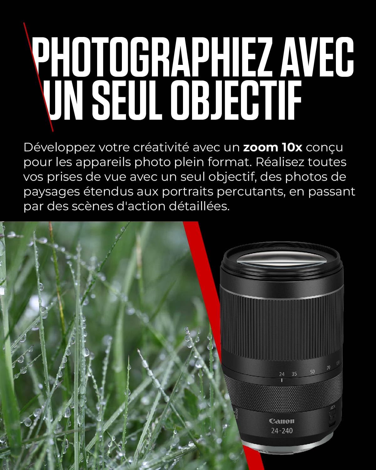 Objectif Canon RF 24-240 mm F4-6,3 IS USM téléobjectif et grand-angle standard 10x, faune, paysage, rue, compatible avec le système Canon EOS R