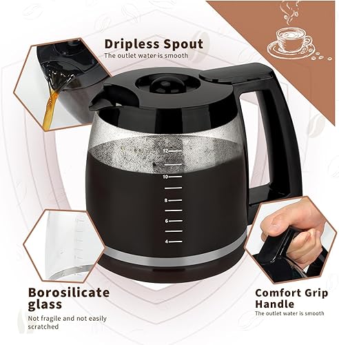 Miniatura 2 de Jarra de vidrio de repuesto para 12 tazas con tapas compatible con cafeteras Cuisinart, CHW-12, CHW-12P1, DCC-1100BK, DCC-1200, DCC-1200P1,