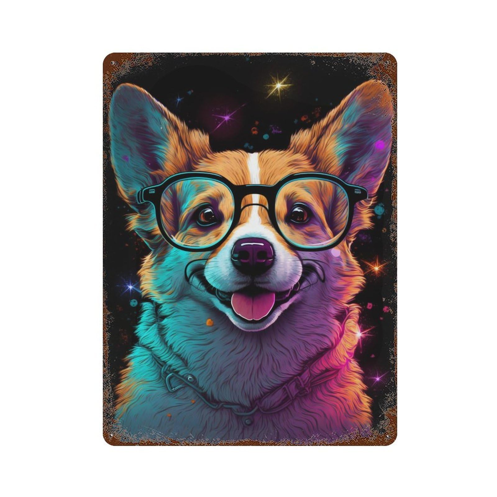 Rustic Tin Plaque Colorful Corgi Glasses Art Print 15.7"x11.8", Vintage Wall Decor for Pub, Kitchen And Man Cave Decor