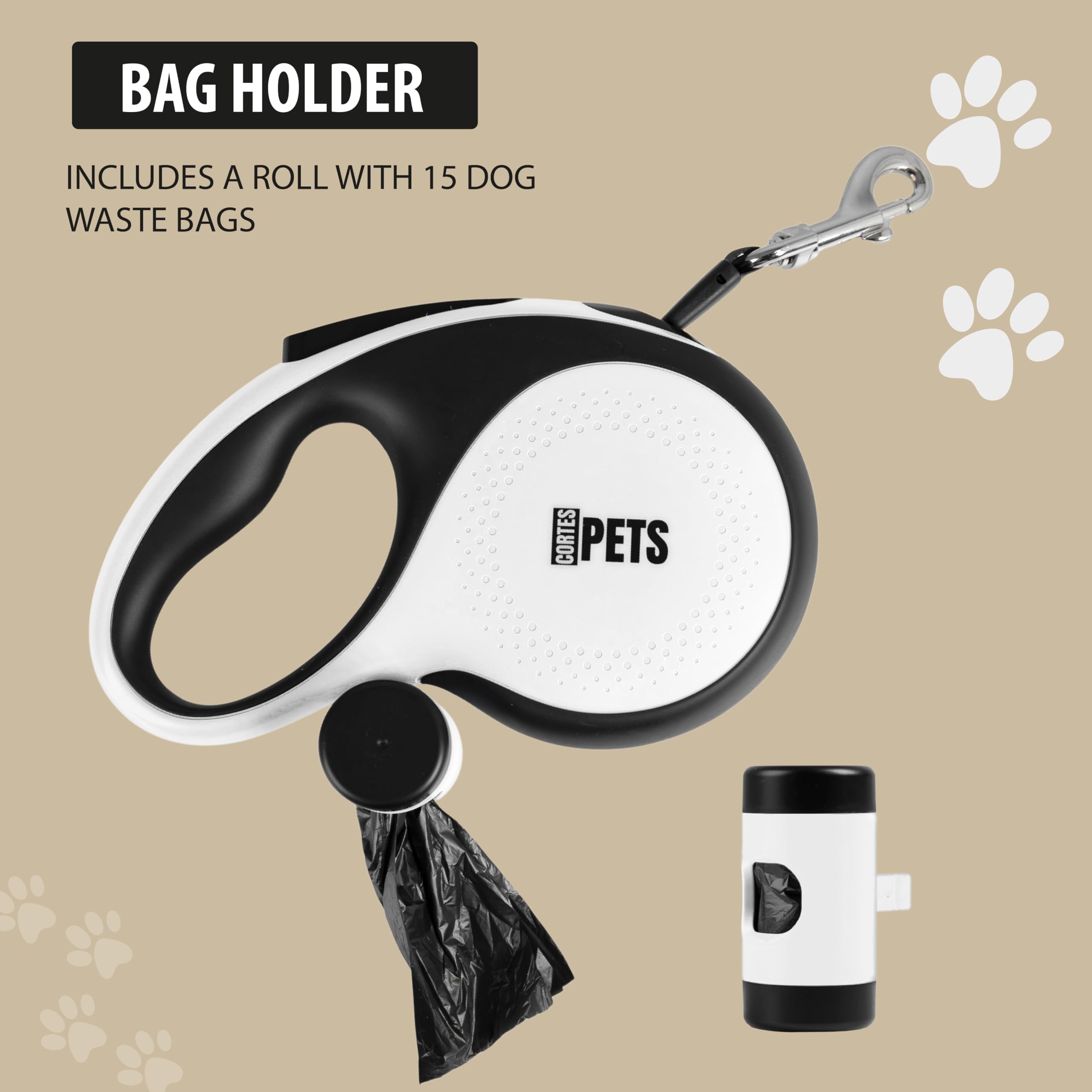 CORTES PETS extendable dog lead 5m with poop bag holder for large dogs & small dogs up to 50 kg. Strong dog lead, flexi leash - Image 3