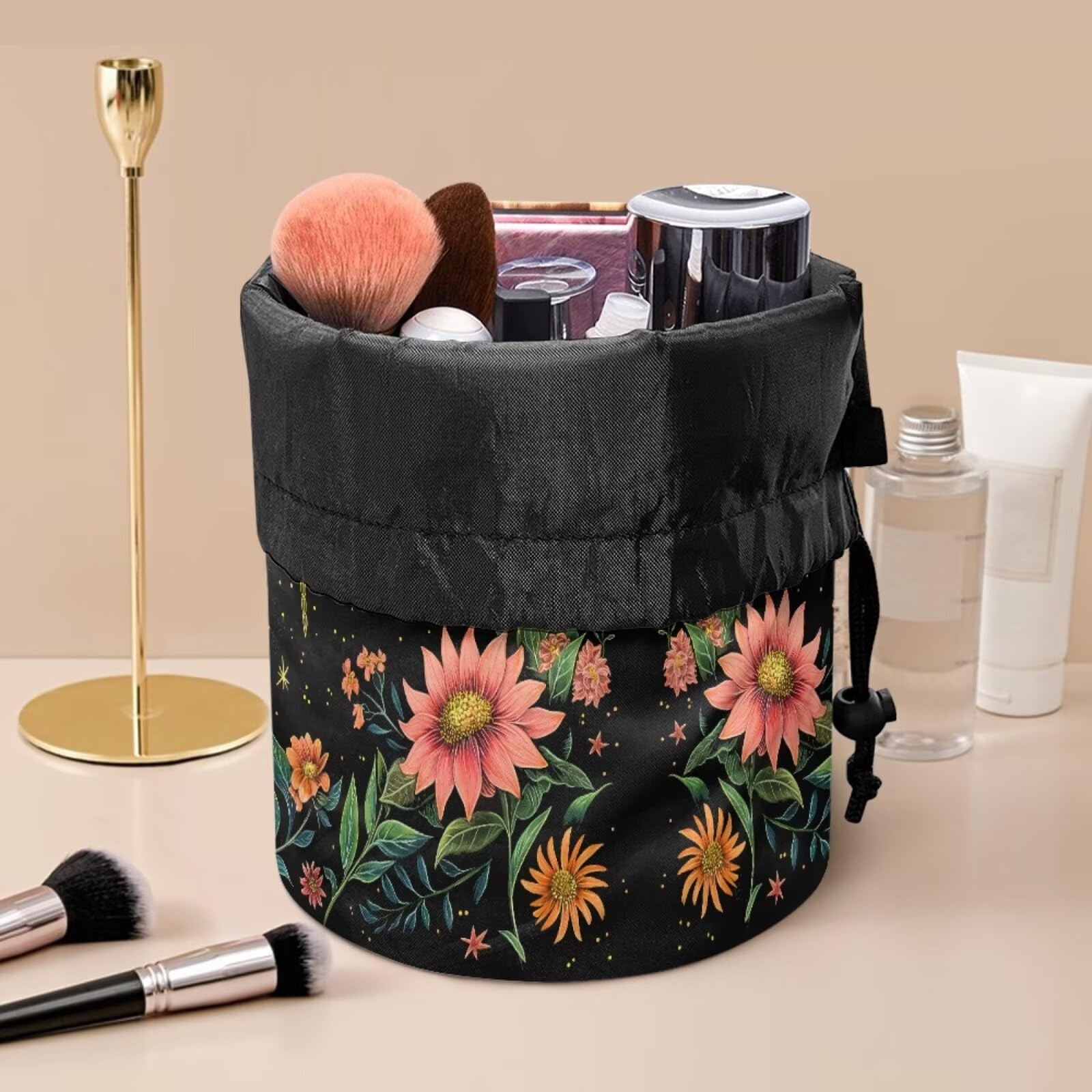 chaqlin Moon Dragonfly Floral Travel Cosmetic Bags Barrel Makeup Bag,Women Girls Portable Foldable Cases Multifunctional Toiletry Bucket Bags Round Organizer Storage Pocket - Image 3