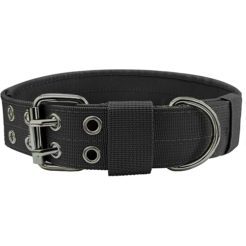 Heavy Duty Dog Collar for Large Dogs, Tactical Dog Collars with Metal Buckle & D Ring, 1.5" Width Thick Adjustable Nylon Collar for Medium Dogs, Black/L