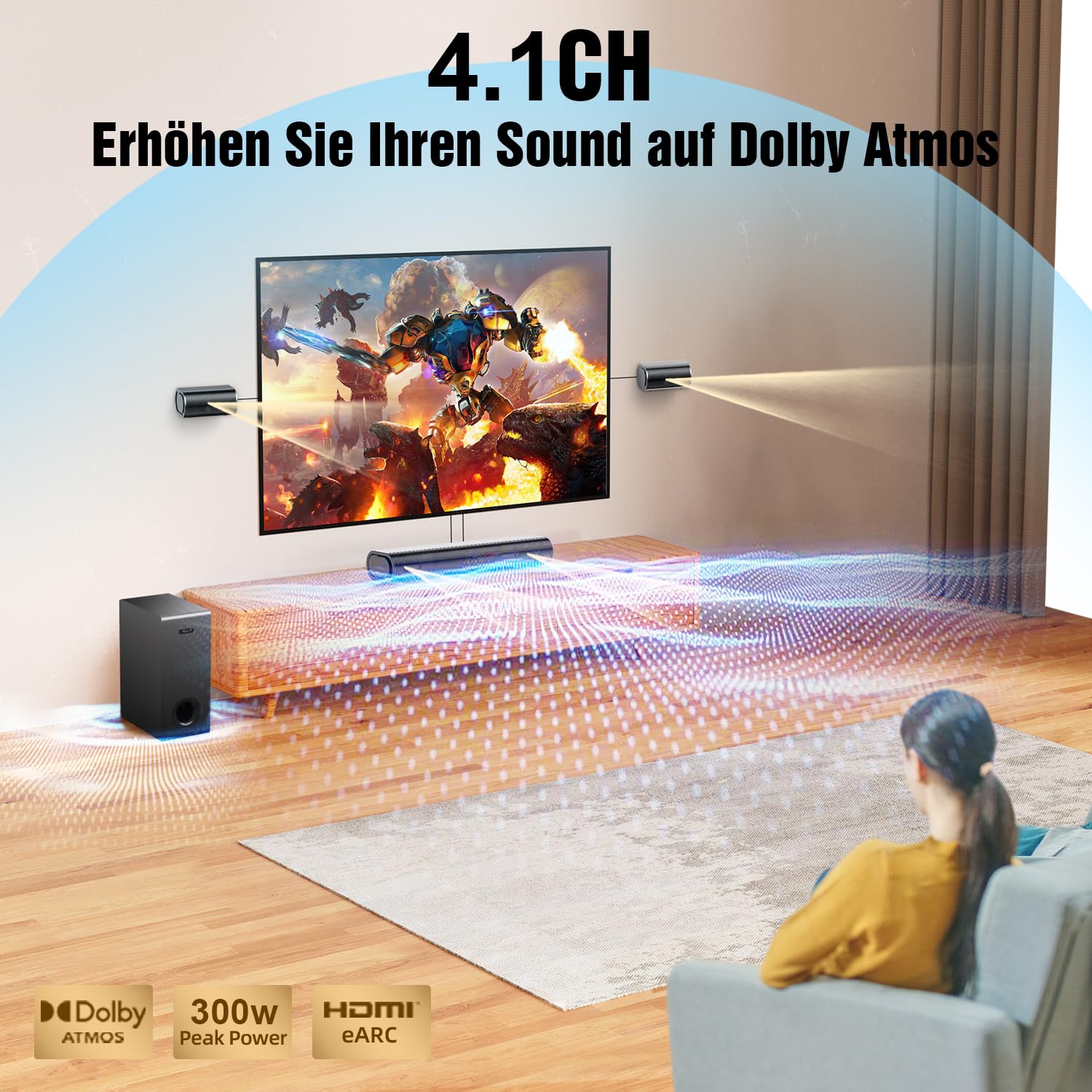 Hiwill 4.1ch Soundbar mit Dolby Atmos, 300W Soundbar für TV Geräte mit Subwoofer, 2 Front-Surround-Lautsprecher, HDMI eARC, Höhen und Bässe einstellbar, Surround-Sound für TV, HiElite A41