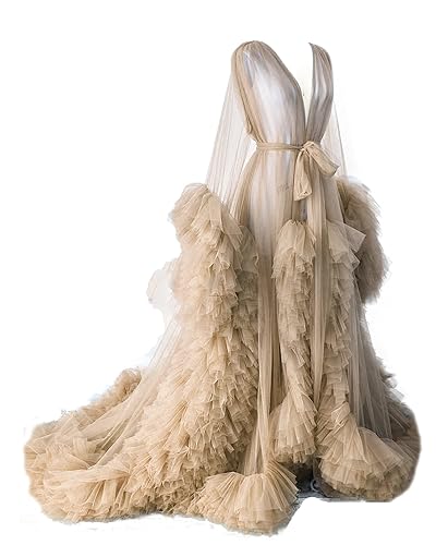 BATHGOWN Sexy Illusion Long Lingerie Tulle Robe Nightgown Bathrobe Sleepwear Bridal Robe Wedding Scarf - Small - Light Brown