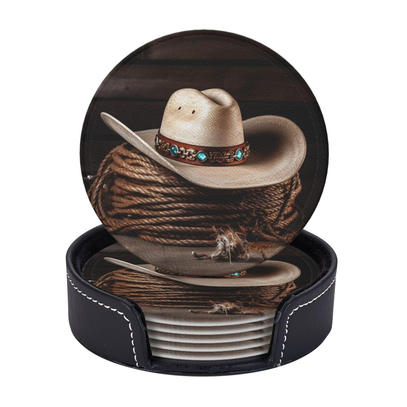 6Pcs PU Leather Coaster for Drinks, American West Rodeo Hat Cup Coasters with Holder, Aesthetic Drink Coasters for Coffee Table, Round Coaster for Tabletop Protection 4" Cup Mat Pad