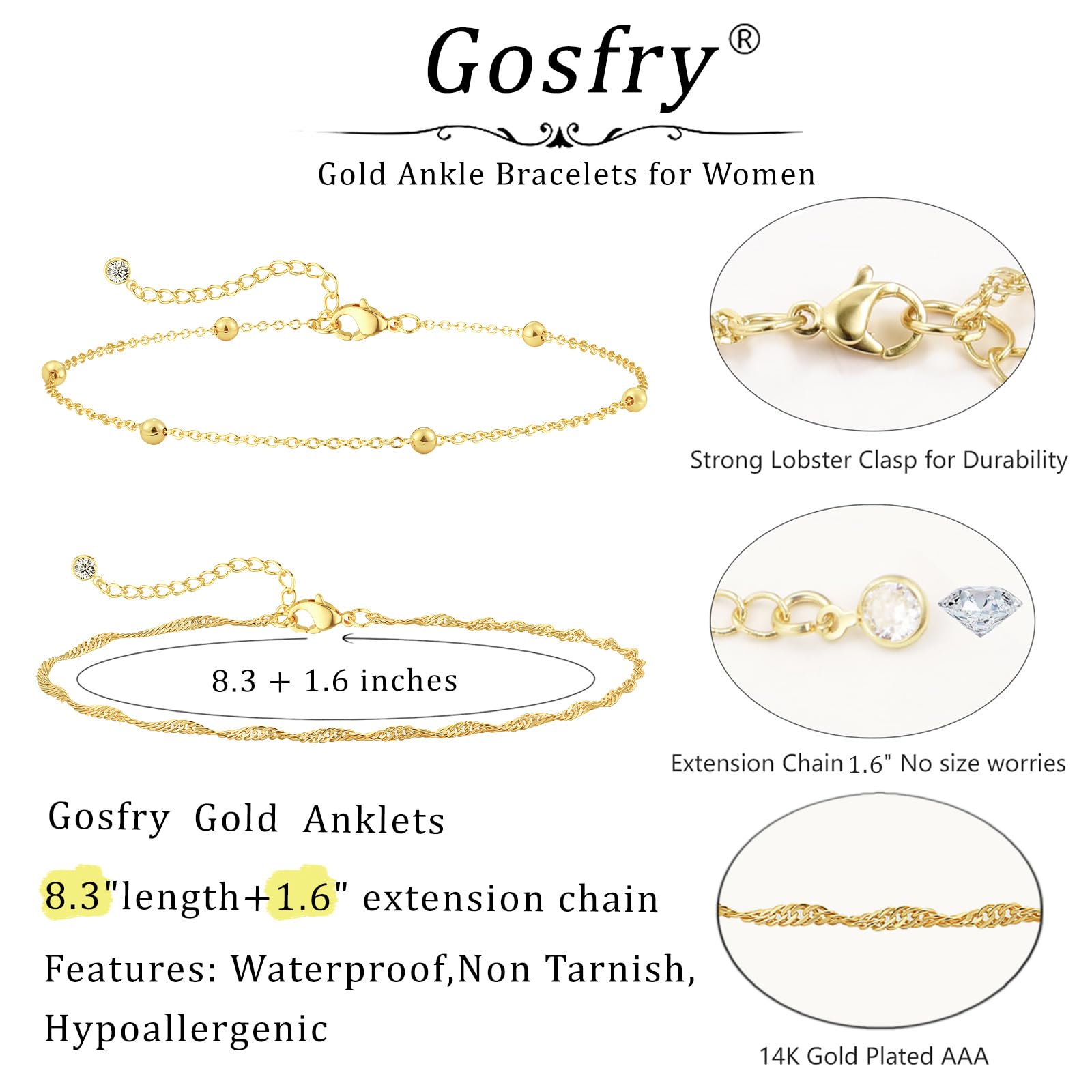 2/3 tobilleras de oro para mujer, impermeables, de eslabones cubanos con cuentas, pulseras apilables chapadas en oro de 14 quilates, regalos de joyería personalizados, no se deslustra, ligeras 4