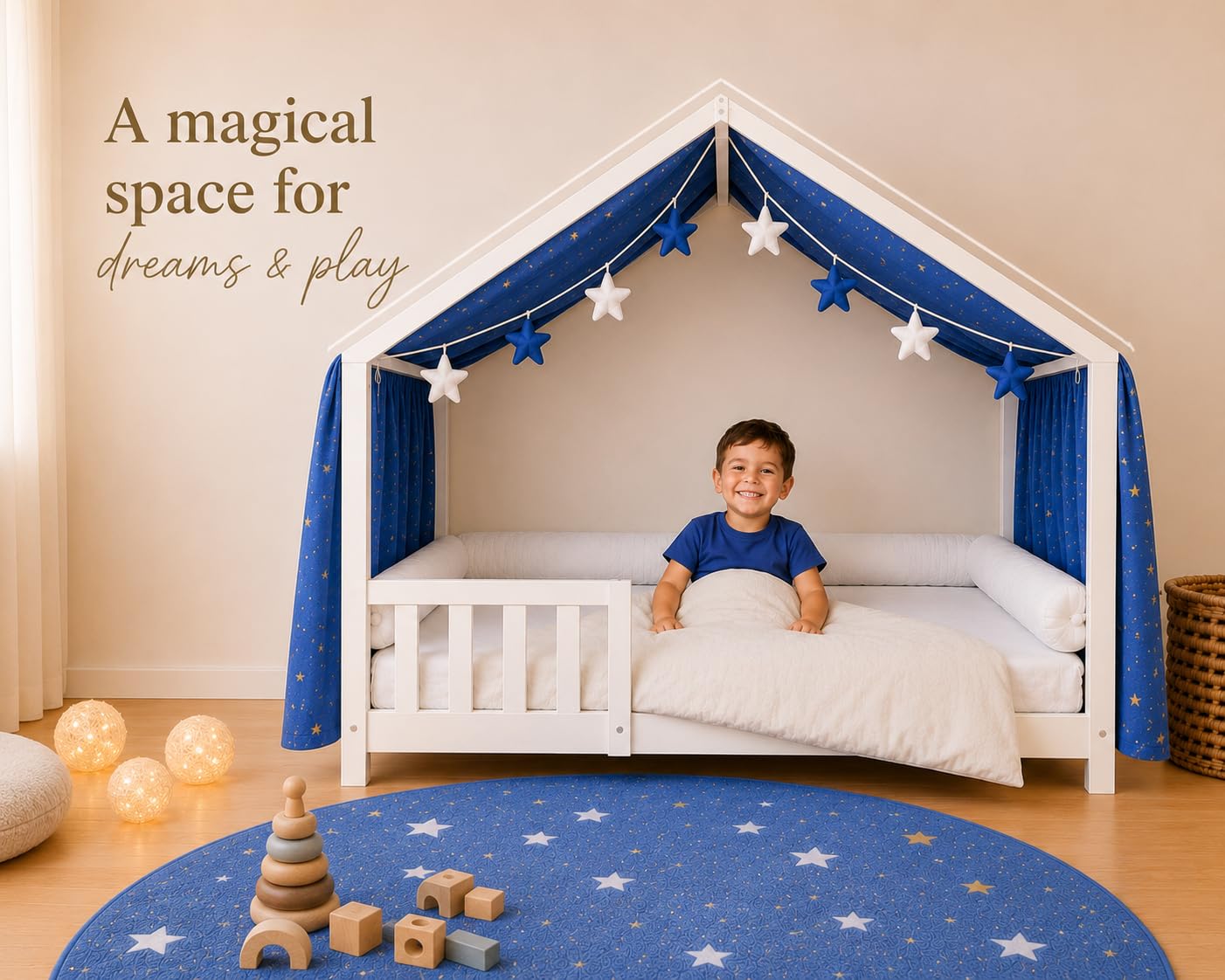 YellowNest Hausbett Himmel - 100% Baumwolle - Betthimmel Hausbett aus Musselin - Himmelbett Vorhänge für Bett 90x190 & 140x200 cm - Ohne Wimpelkette Kinderzimmer Stern (Marineblau, 130 x 400 cm)