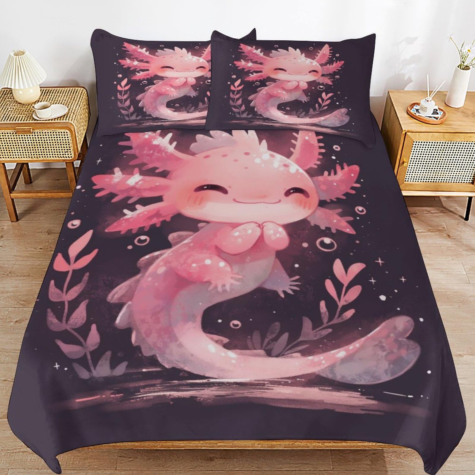 Parure de lit rose romantique axolotl pour chambre fille et enfant