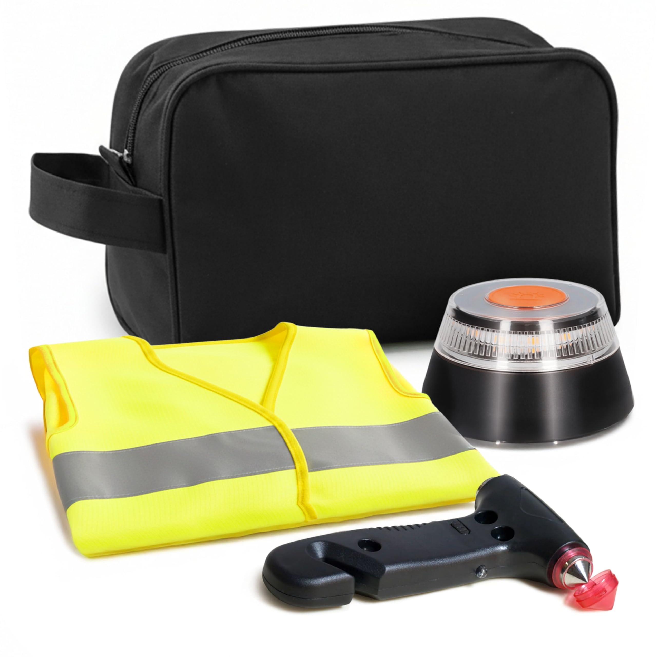 Kit d’Urgence et Sécurité Automobile : Balise V16 Géolocalisée Homologuée DGT 2026, Gilet Réfléchissant, Marteau de Sécurité Multifonction, Coupe-Ceinture, Lampe LED et Pochette Compacte