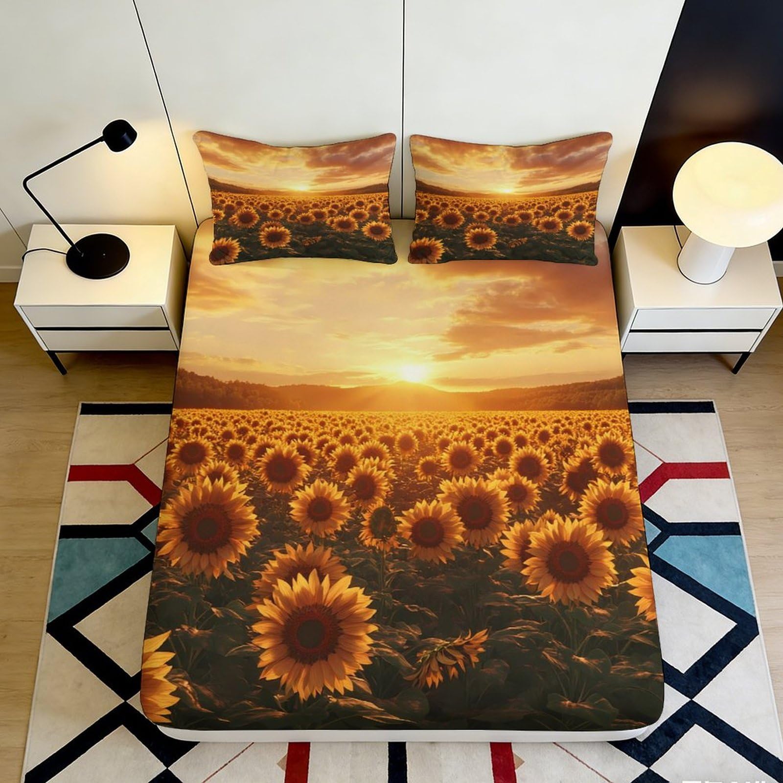 3D Printed Sunflower Field Fitted Sheet Microfiber Soft Breathable Sunset Bed Sheet for Bedroom Dormitory Guest Room Mattress Protection Decor 140x200x25cm