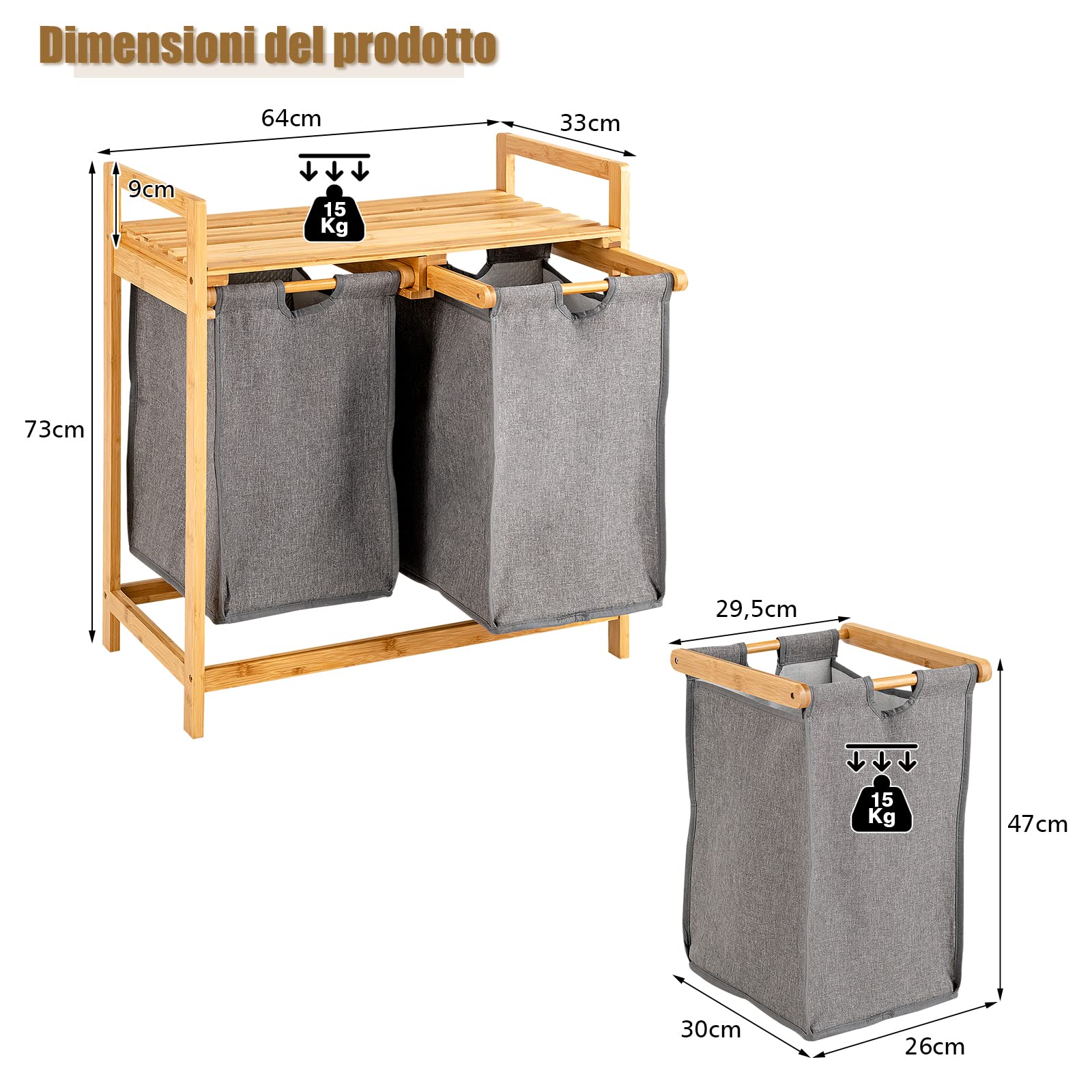COSTWAY 70 L Cesto della Biancheria Sporca in Bambù Ecologico Naturale, Portabiancheria Sporca a 2 Scompartimenti con Borse Rimovibili, Anti-odore e Durevole, per Bagno e Lavanderia (Grigio)