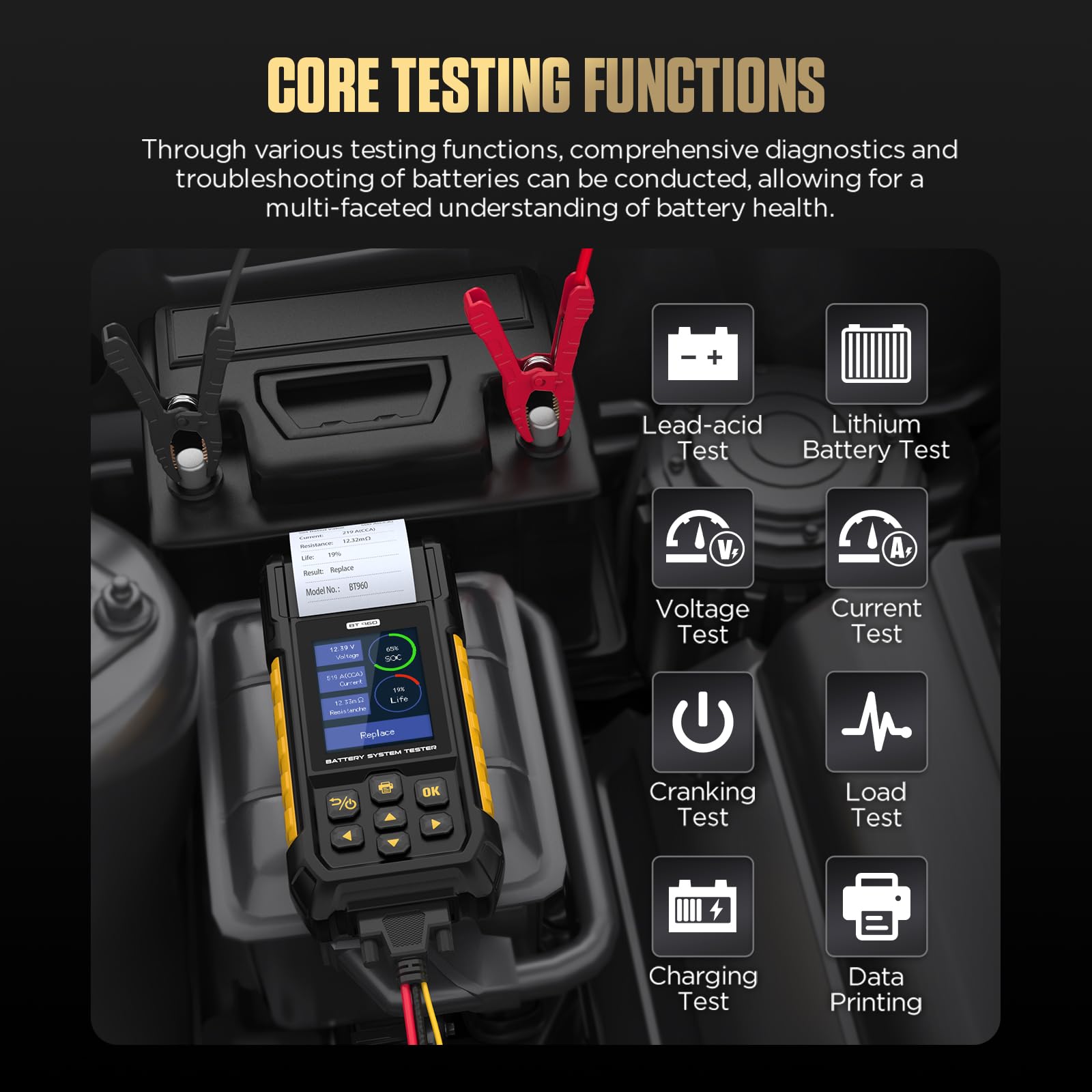 Comprobador de batería de litio para coche, BT960, 0-80 V, analizador LIB con duración de la batería, medición de capacidad y resistencia interior, control de fugas, 14 idiomas, impresora, 5 rollos de