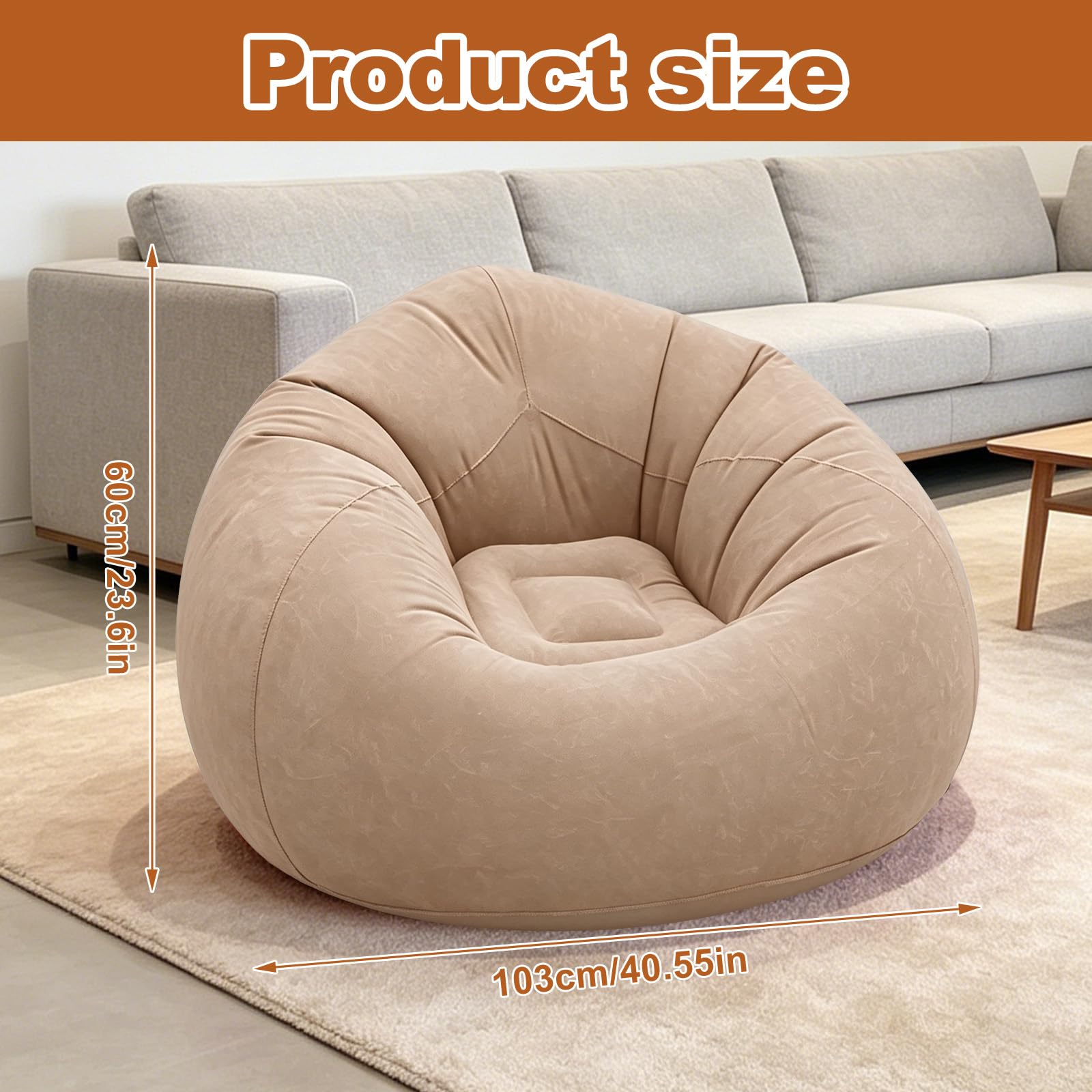 FARYODI Divano gonfiabile, poltrona gonfiabile, 105 x 105 x 60 cm, ultra morbida, senza riempimento di fagioli, gonfiabile e portatile, per soggiorno, giardino, campeggio (caffè)