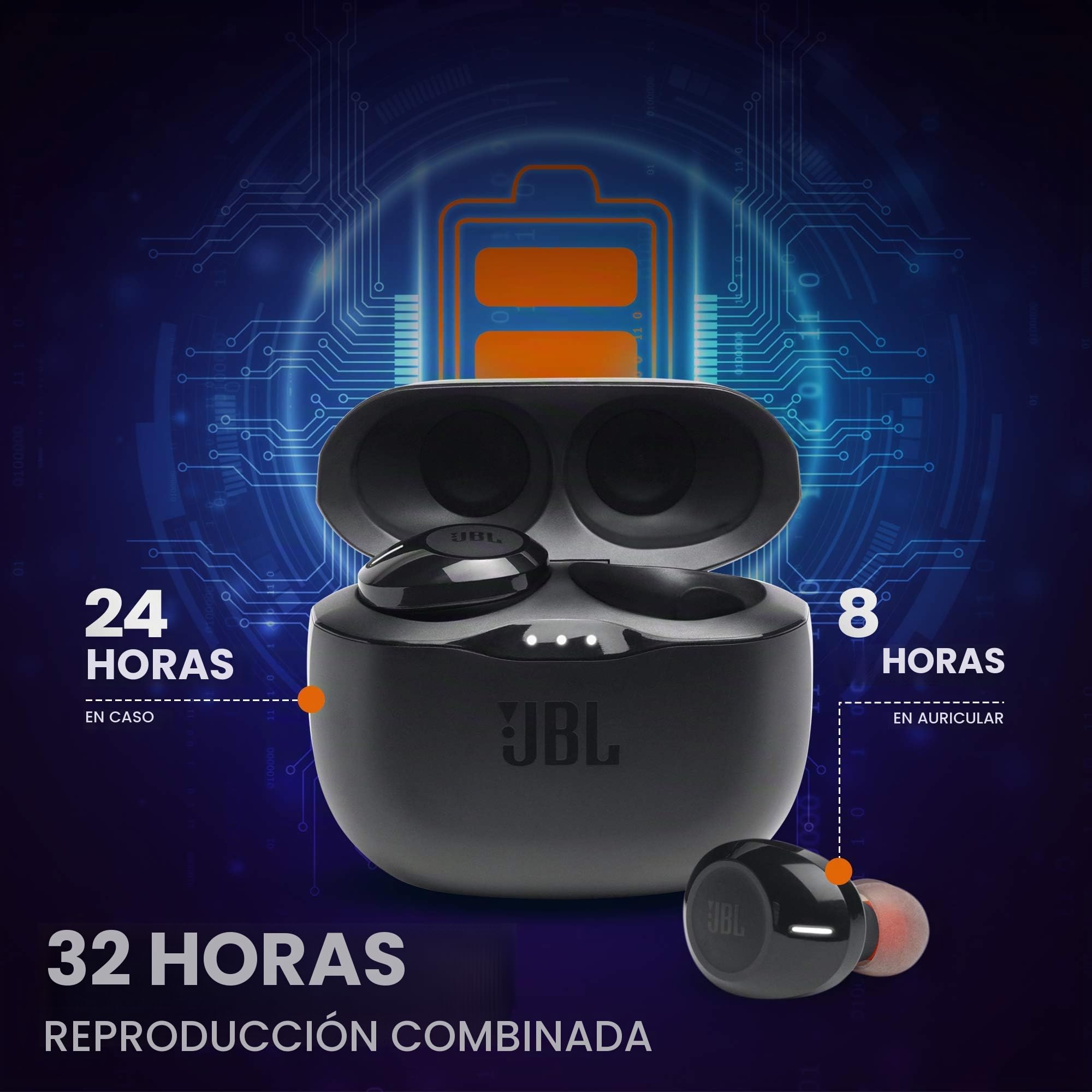 JBL Tune 125 TWS Auriculares intraaurales True Wireless con Bluetooth, Sonido Pure Bass y modo Dual Connect, hasta 32 hrs de música con estuche de carga, negro