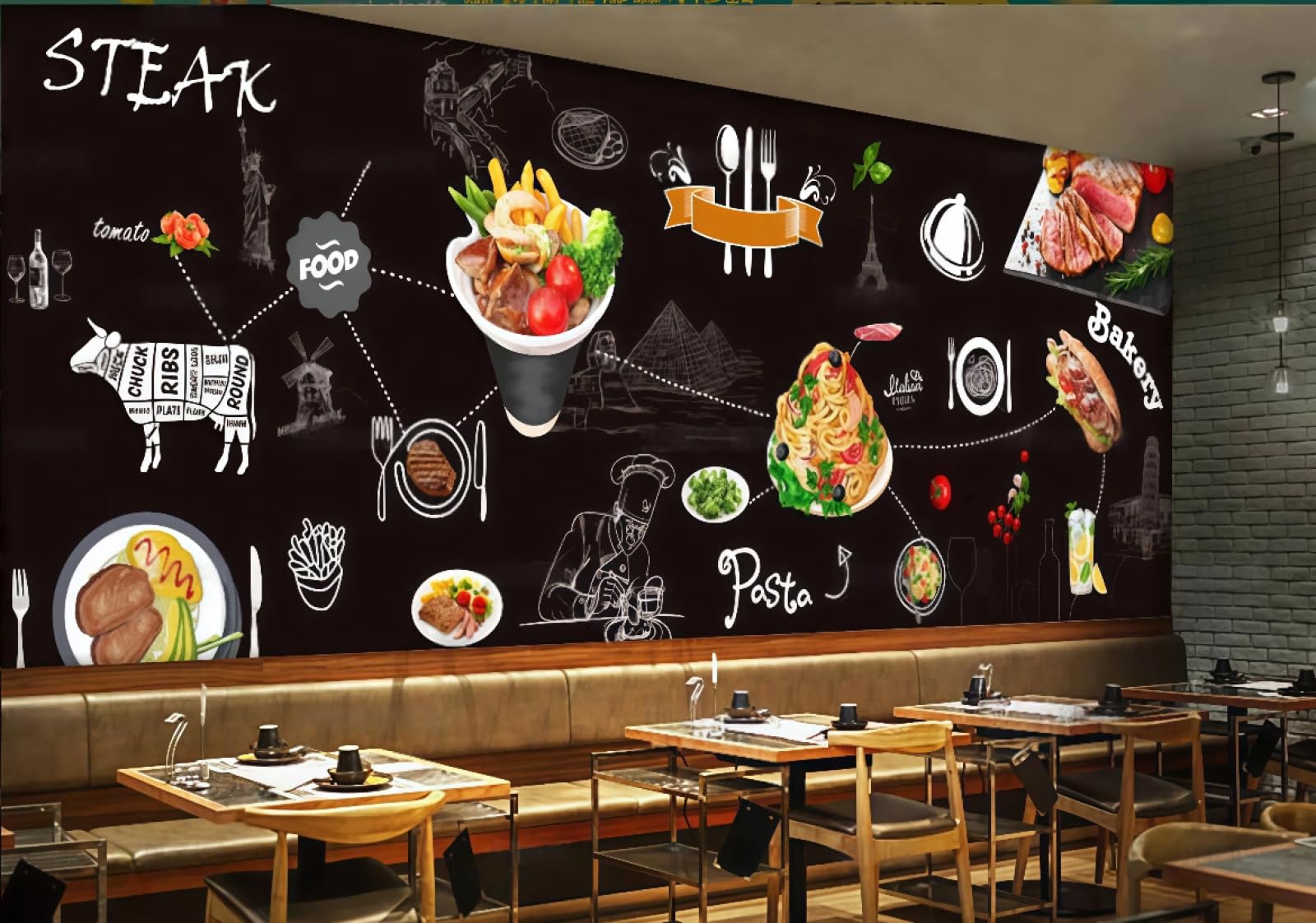 Xdoubao 3D Wallpaper Black Hand-Painted Gourmet Steak Burger Theme Bar Dessert Shop Afternoon Tea Western Restaurant Background Wall Wallpaper Coffee Shop Mural,,350X245cm