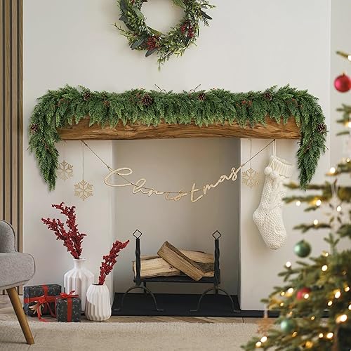 Miniatura 5 de Guirnalda de Navidad realista para manto, 6 pies, de tacto real, gruesaexuberante, guirnaldas de cedro artificial con conos de pinobayas rojas,