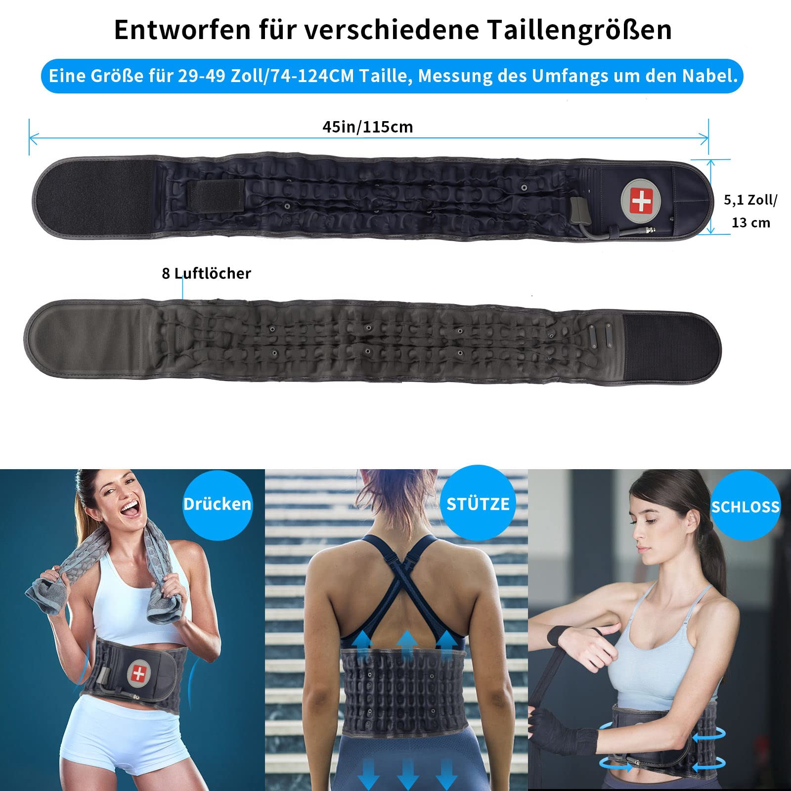 Dekompressions-Rückengürtel – Lendenwirbelstützgürtel für Männer und Frauen, Schmerzlinderung im unteren Rücken, Rückentraktionsgerät, passend für Taillenumfang 74-124 cm (Blau)
