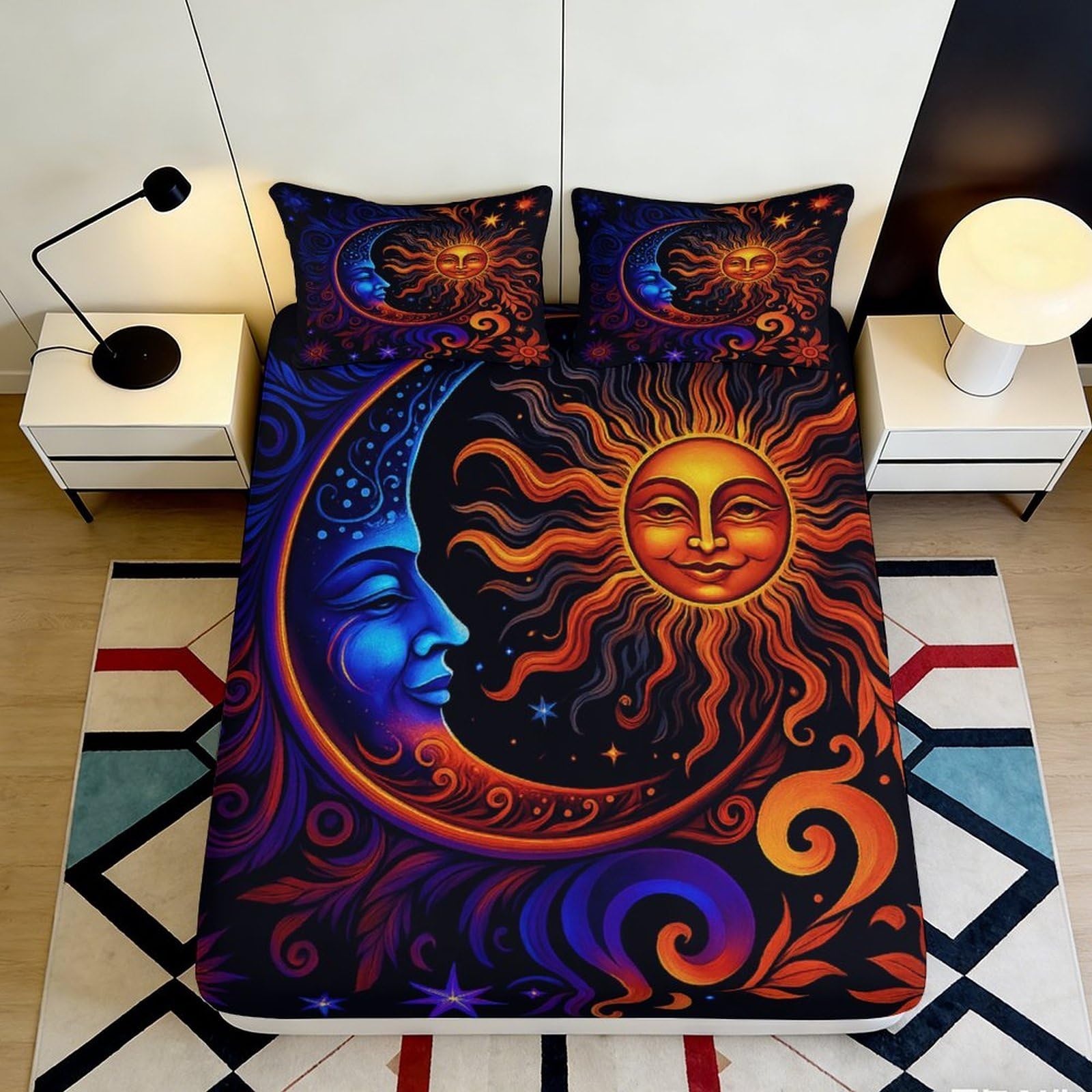 3D Printed Sun Moon Fitted Sheet Microfiber Soft Artistic Bed Cover for Bedroom Guest Room Mattress Protection Decor 90x200x25cm
