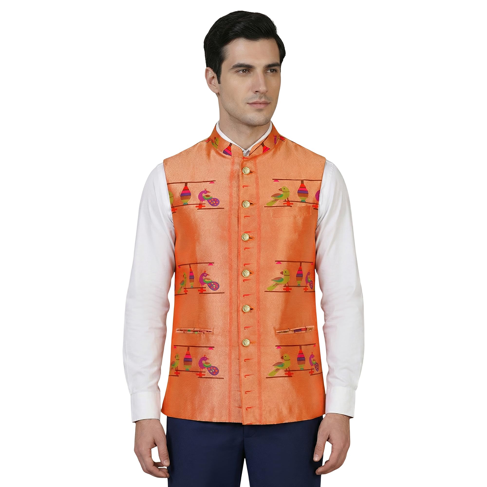 A Paithani Jacket for men wedding collection Golden base Parrot peacock paithani theme woven-image-37