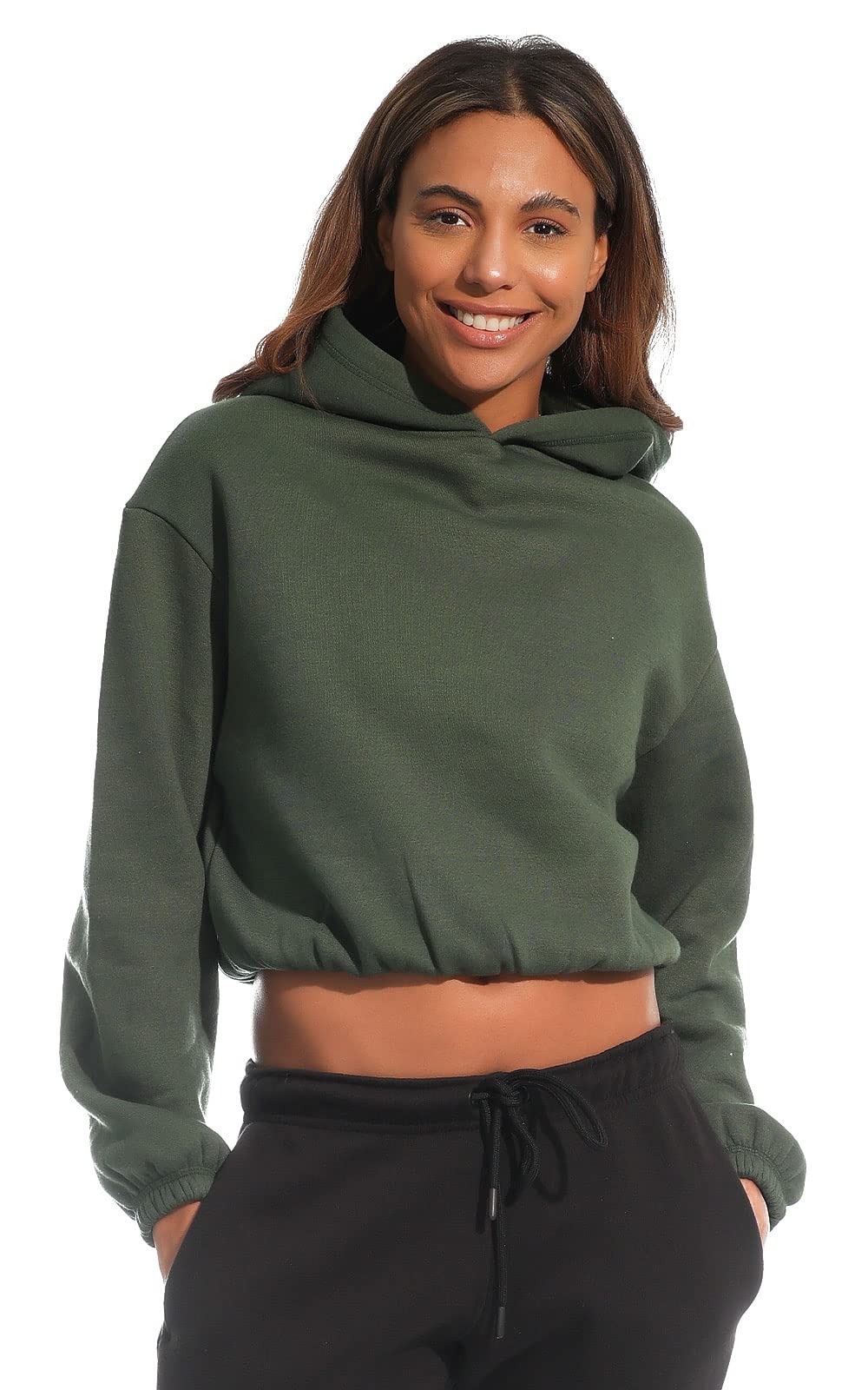 Light & Shade Women's Lslswt021 Women's Cropped Top Hooded Sweatshirt, Dark Green, L UK