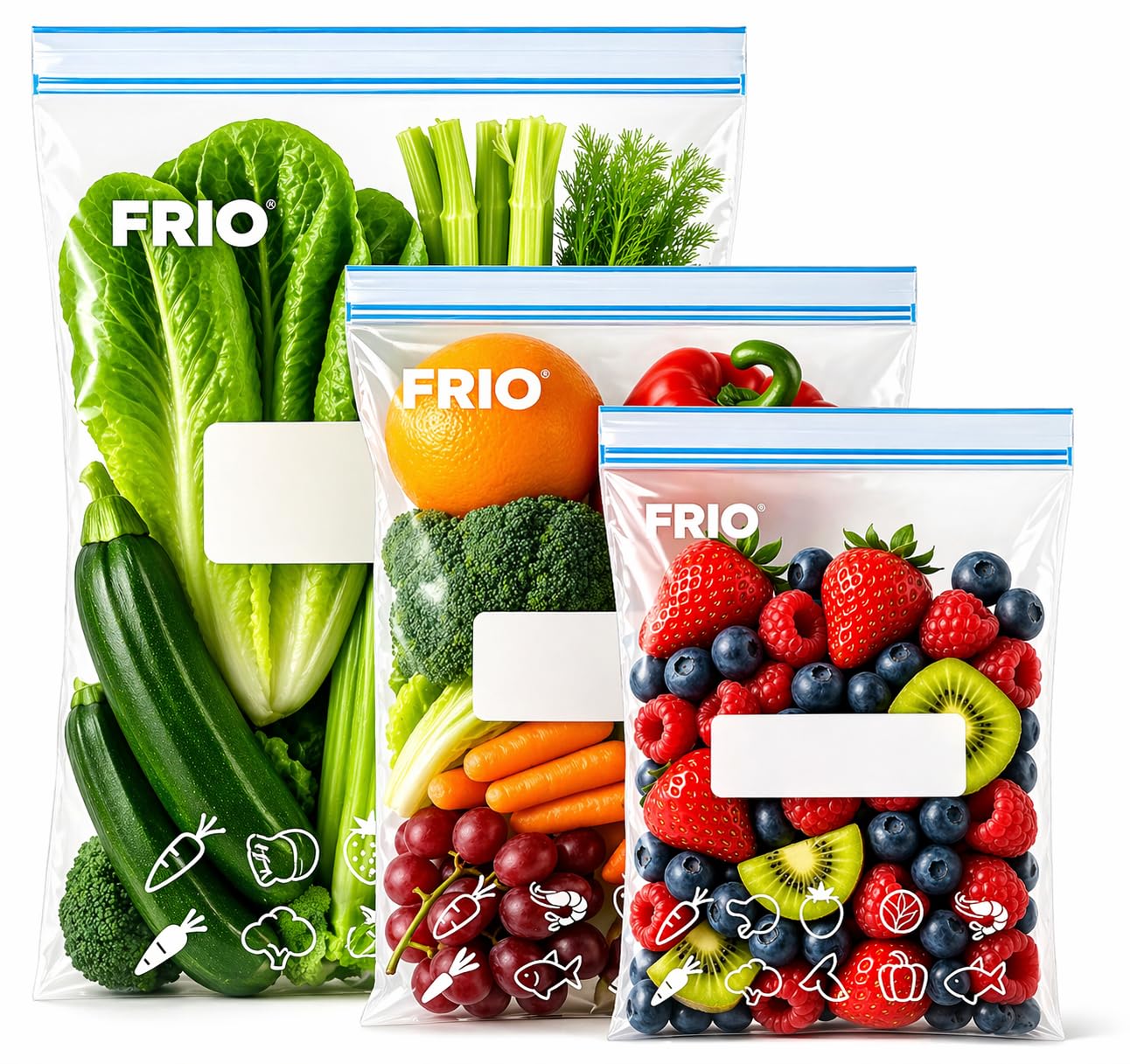 FRIO Set 65 sacchetti ermetici con chiusura Zip, 3 misure S-M-L, per congelatore, richiudibili
