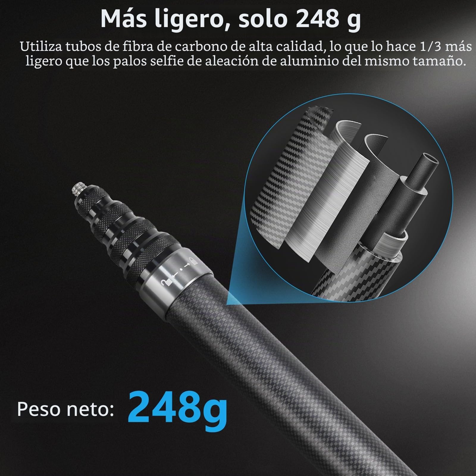 ARTCISE Palo selfie de fibra de carbono de 270 cm, ER270, palo de selfie largo de fibra de carbono, monopod para cámara de acción GoPro Hero, GoPro, DJI Osmo Action, cámara