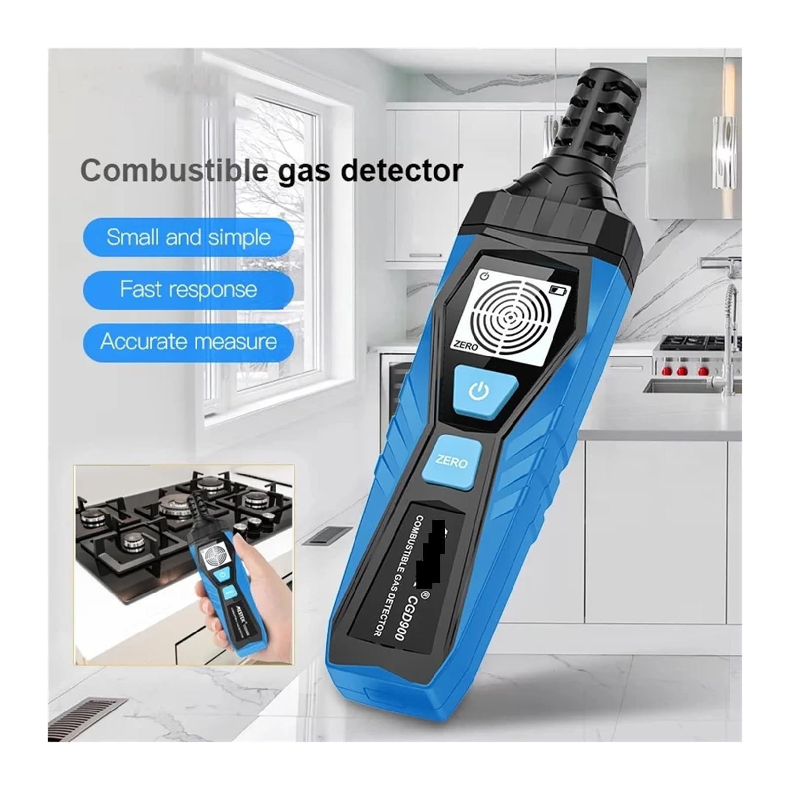 Rilevatore di gas, Rilevatore di perdite gas con LCD CGD900, allarme sonoro e schermo, 0-1000 ppm, rilevatore combustibili, infiammabili, naturali, metano, mini per lavoro, casa