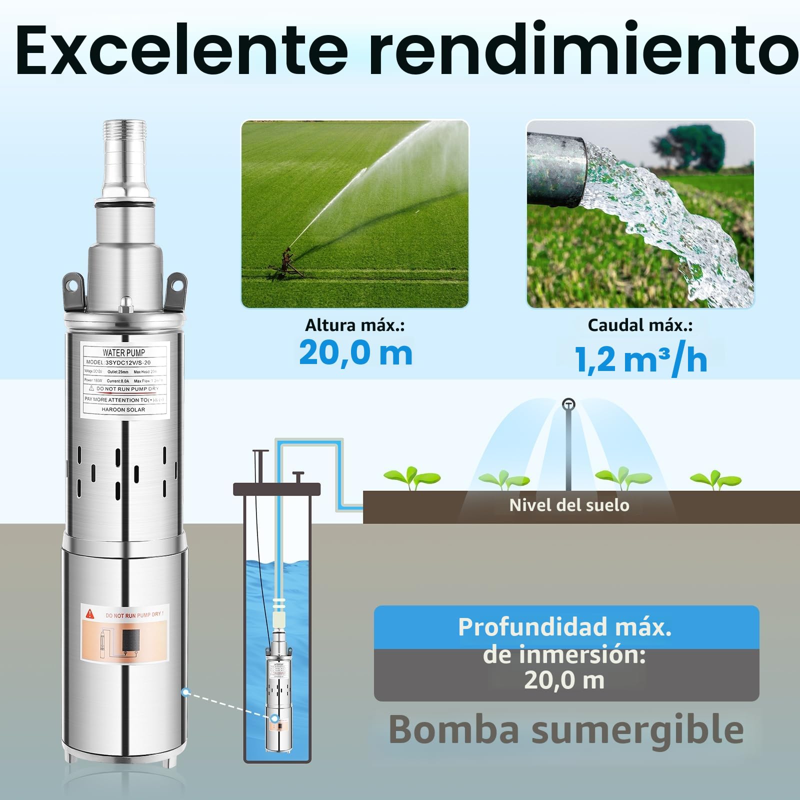 Bomba sumergible para pozos profundos, bomba de agua, silenciosa, bomba solar sumergible, bomba de acero inoxidable, hasta 20 m, 1,2 m³/h, 12 V, 180 W