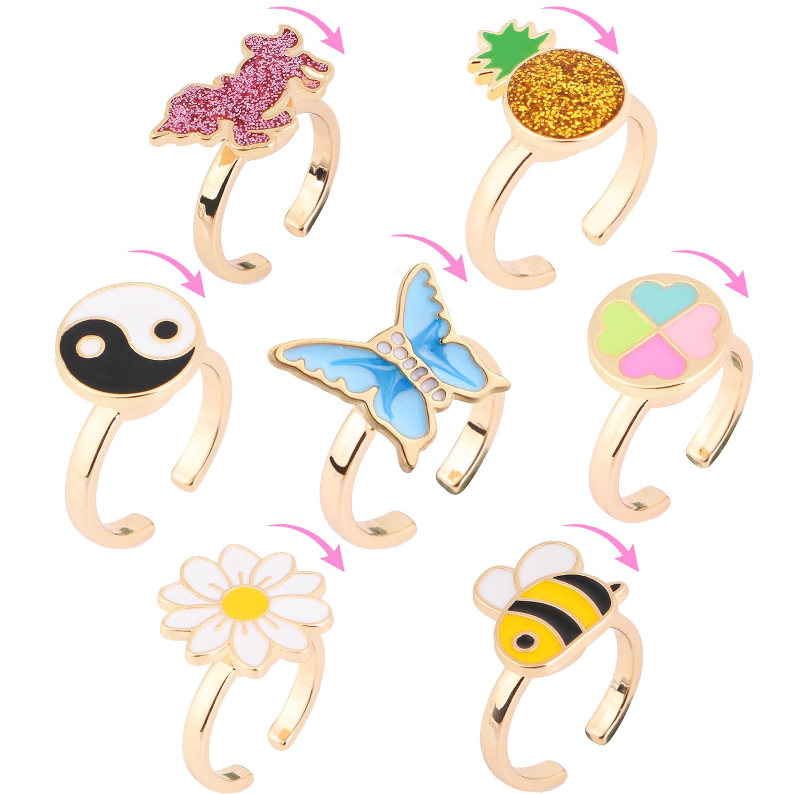 MJartoria 7Pcs Fidget Rings for Anxiety, Shell Butterfly Unicorn Flower Stainless Steel Spinner Ring Set Mood Rings Stress Relieving Wide Rings Set