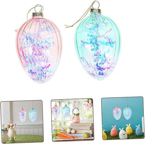 Miniatura 8 de HOLIDYOYO Adornos de huevo de Pascua de cristal, 2 unidades, bola iridiscente colgante, huevo pastel, decoración de árbol de Pascua con cuerda para