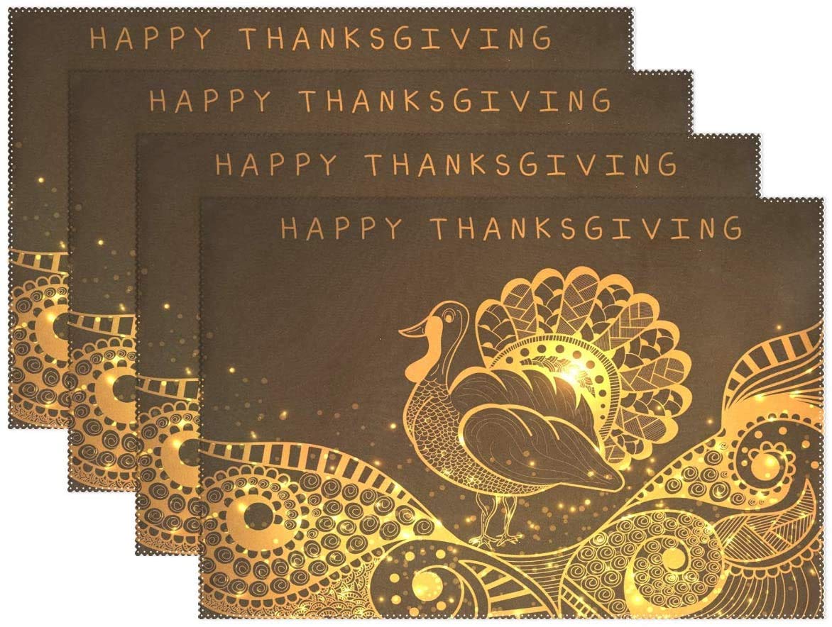 WHKI Happy Thanksgiving Placemats Set of 4, Colorful Line Art Turkey Non Slip Heat-Resistant Washable Table Place Mats for Kitchen Dining Table Home Decoration, 12" x 18"