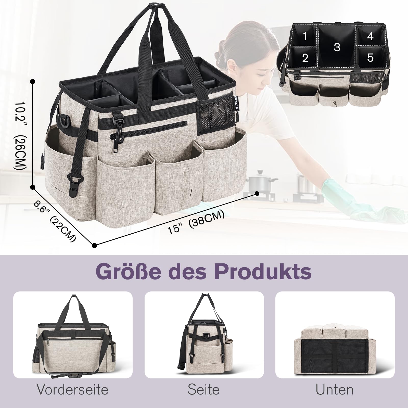 OUUTMEE Torba do czyszczenia 20 x 38 x 26 cm, z wyjmowaną przegródką, torba do czyszczenia, przenośny organizer na środki czyszczące, z regulowanym paskiem na ramię, beżowa, duża